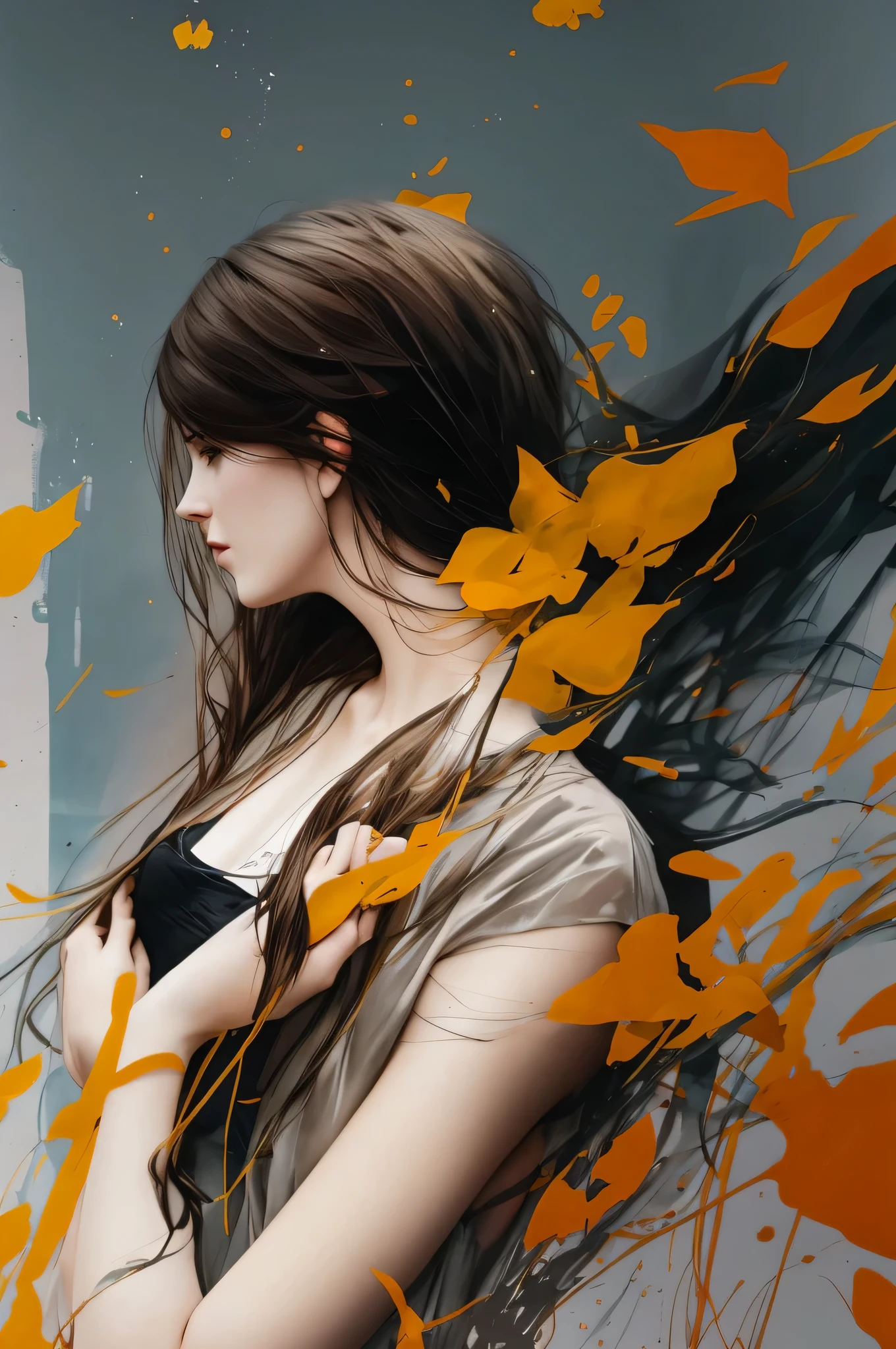 a woman by agnes cecile, luminous design, pale colors, ink drips, spring lights,紺碧ANDオレンジ