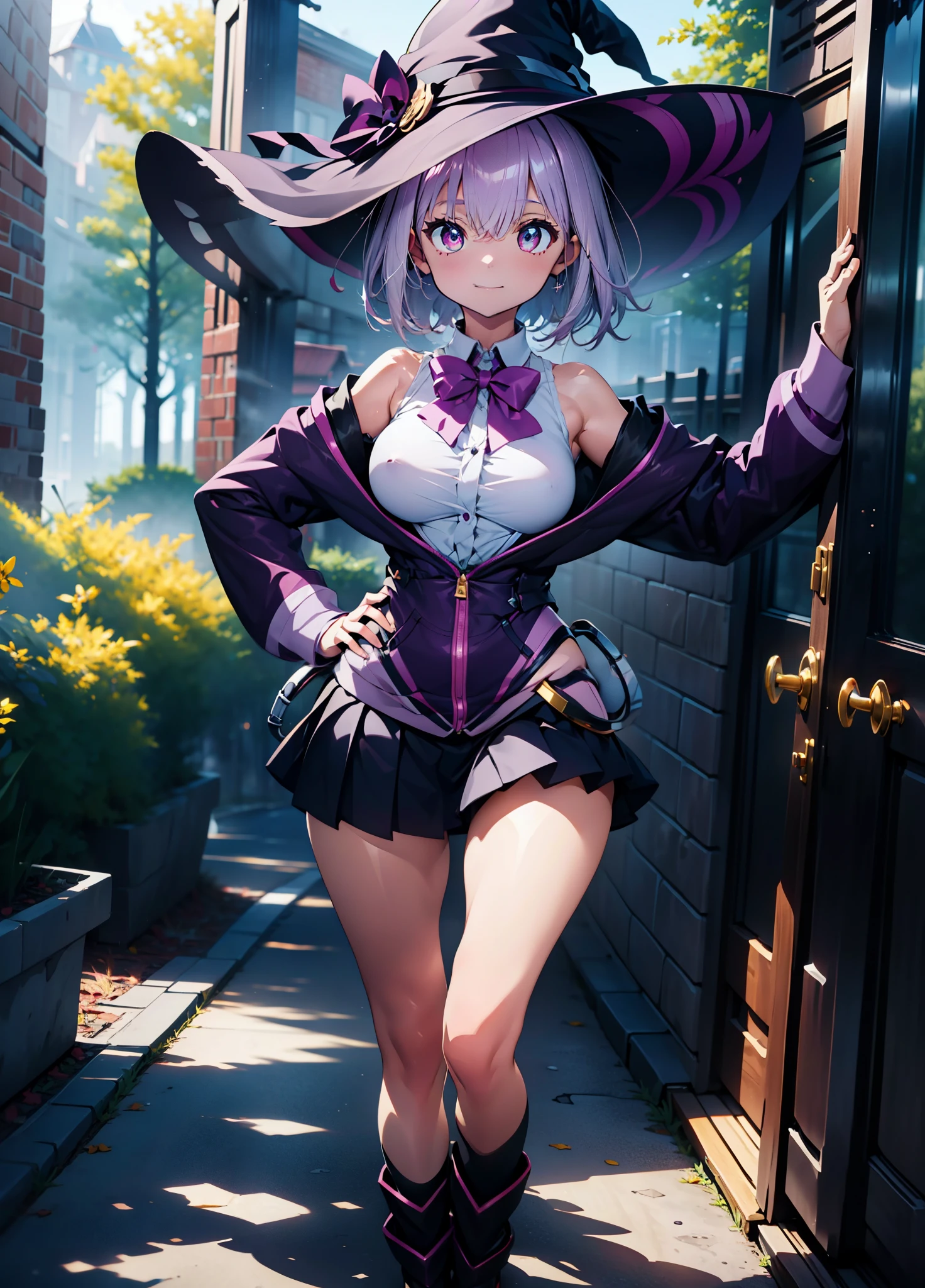 akaneshinjou, shinjou akane, Place your right hand on your waist,He has a magic wand in his left hand,light purple hair, (pink eyes:1.2), smiling short hair,witch hat,purple sleeveless dress,mini skirt,Gray pantyhose,short boots,
break outdoors, forest,
break looking at viewer, Upper body,whole body,　　　　　　　　　　break (masterpiece:1.2), highest quality, High resolution, unity 8k wallpaper, (figure:0.8), (detailed and beautiful eyes:1.6), highly detailed face, perfect lighting, Very detailed CG, (perfect hands, perfect anatomy),