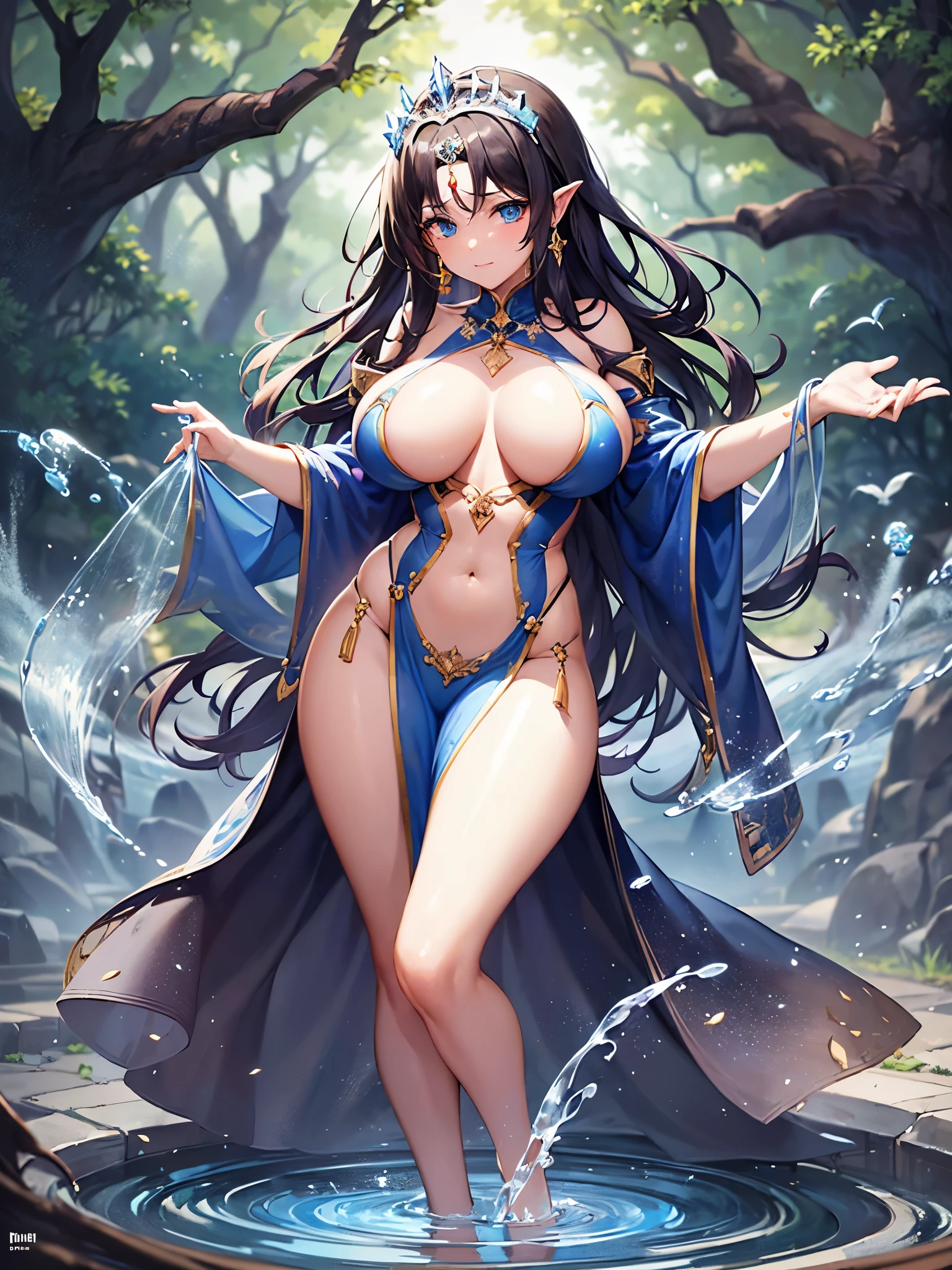 ((highest quality)),(ultra high resolution),(Super detailed),(detailed description),((best CG)),(best work of art),super precision art,amazing drawing art,(Fantasy art with precise details:1.5), (one fountain spirit:1.5),(beautiful and well-shaped face:1.5),Eyes full of compassion:1.5,(bright light blue eyes:1.5),(Shiny blue straight long hair:1.6),(A silk chiton with a precise and detailed depiction that shows the body line clearly.:1.6),(big breasts:1.6),((tiara:1.6)),shining jewel:1.4,thin waist:1.3,Beautiful leg lines:1.5,(standing on the surface of the fountain:1.6), (A clear spring in the deepest part of the forest depicted in precise detail:1.4),soft and warm sunlight:1.6,flowers swaying in the breeze:1.4,Brightly colored birds:1.3