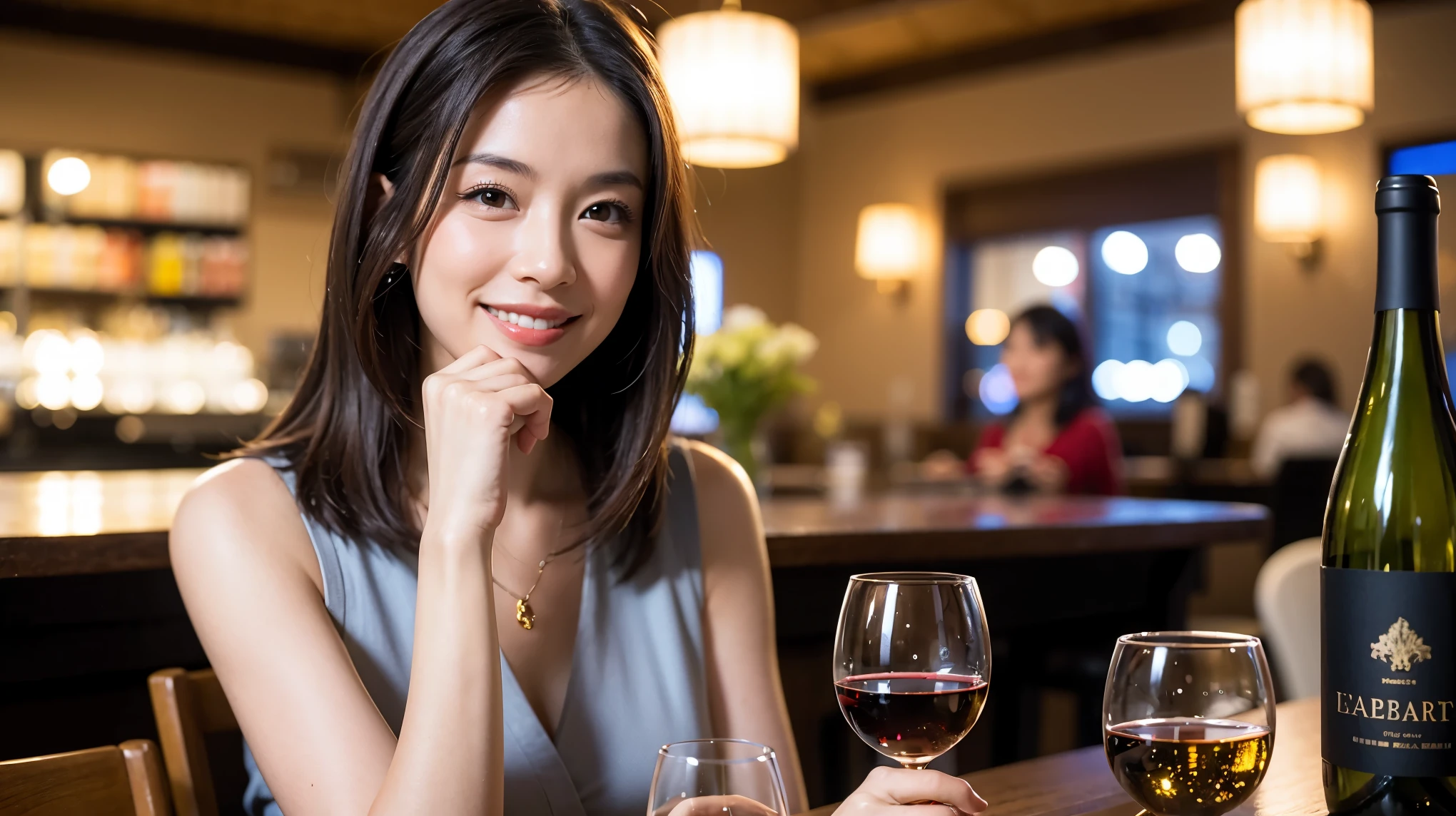 (64k included, nffsw, top quality, table top: 1.2), (realistic, realistic: 1.37), pretty woman 1, (slimフェイス), (Because I'm slender), (brown hair), (shortcut), cheeks turn a little red, (40 years old), 38 years, alone, 窓の外には美しく緻密なnight景が広がります..., restaurant, wine glassに座って, nightに, in a prominent place (from the waist up) nova frog style, actress, model, Upper body, White wine, slim, wine glass, とてもきれいなnight景, 真ん中に置かれたwine glass, Smile, (smile: 1.15), beautiful small eyes, Upper body, bust japan up, night, short, short, actress, model, Upper body, White wine, slim, wine glass, とてもきれいなnight景, 真ん中に置かれたwine glass, Smile,