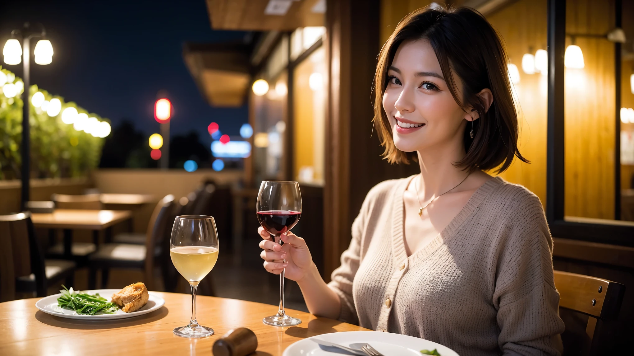 (64k included, nffsw, top quality, table top: 1.2), (realistic, realistic: 1.37), pretty woman 1, (slimフェイス), (Because I'm slender), (brown hair), (shortcut), cheeks turn a little red, (40 years old), 38 years, alone, 窓の外には美しく緻密なnight景が広がります..., restaurant, wine glassに座って, nightに, in a prominent place (from the waist up) nova frog style, actress, model, Upper body, White wine, slim, wine glass, とてもきれいなnight景, 真ん中に置かれたwine glass, Smile, (smile: 1.15), beautiful small eyes, Upper body, bust japan up, night, short, short, actress, model, Upper body, White wine, slim, wine glass, とてもきれいなnight景, 真ん中に置かれたwine glass, Smile,
