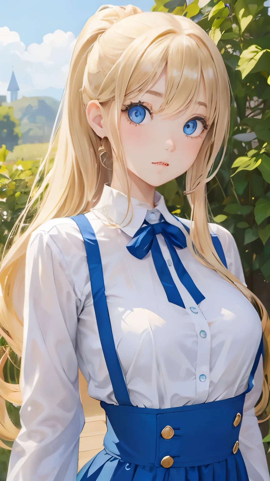 (masterpiece:1.2), (highest quality:1.2),, Curvy but slender body, perfect eyes, perfect face, perfect lighting, 1 girl, in the garden, (blouse),(Lady),(noble),(maid),(ponytail),curly hair, fine clothes, detailed outdoor background, compensate, eye shadow, thick eyelashes, fantasy, looking at the viewer, whole body、blue sky、Bright and very beautiful face、young shiny glossy white shiny skin、the best beauty、the most beautiful bright blonde hair in the world、thin hair、long hair、Shining beautiful bangs、big shining blue eyes、Very beautiful and lovely 18 years old, the most beautiful girl in the world、small breasts