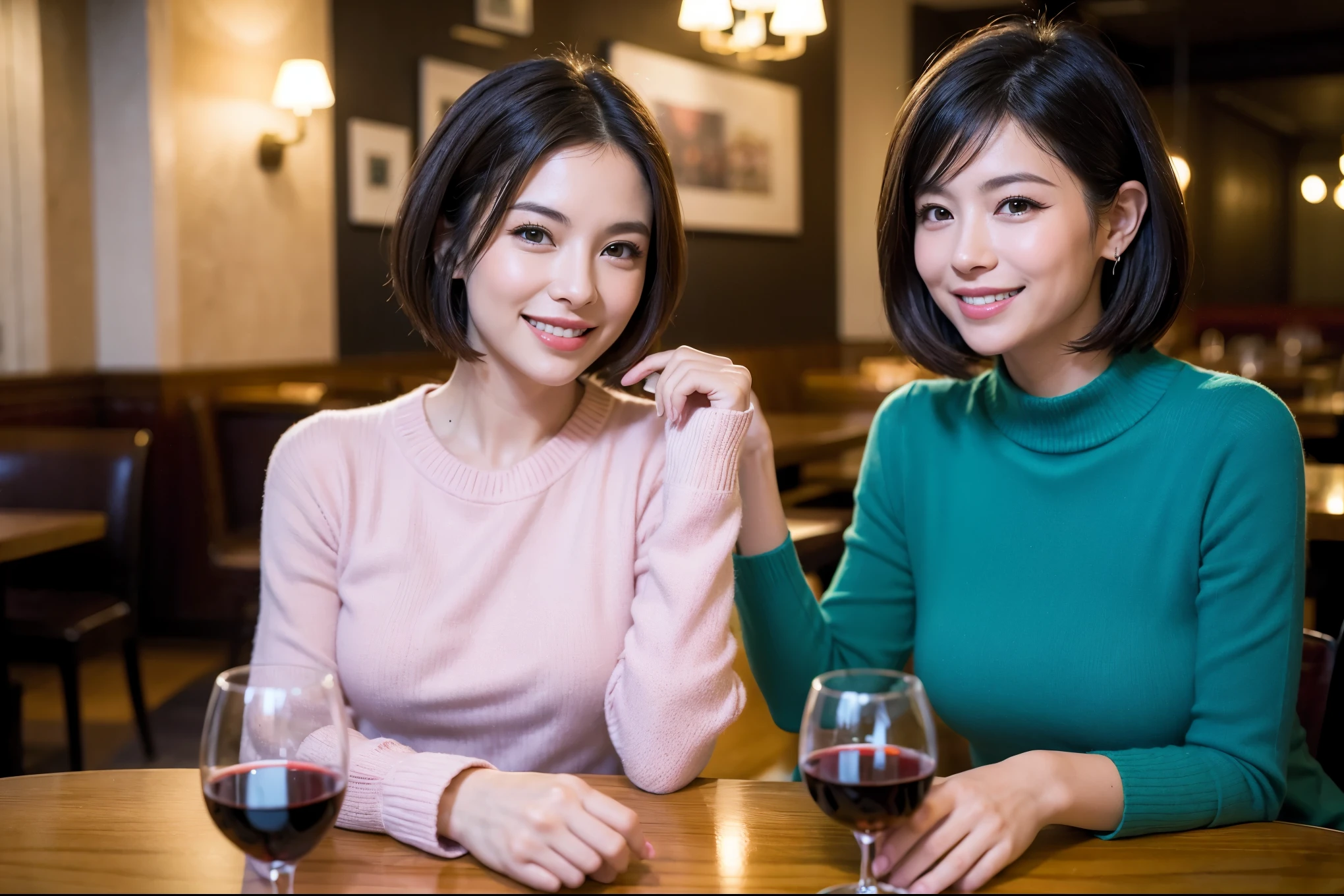 (including 64k、nffsw、highest quality、masterpiece:1.2)、(realistic、Photoreal:1.37)、Super detailed、wine glass、while enjoying wine、mature woman、two beautiful women、(slim face)、(because I'thin)、(brown hair)、(shortcut)、Latino、smileのフランス人女性、happy italian girl、british woman、Americana、cheeks slightly red、(36 years old)、39 years old、red wine、窓の外には美しく緻密なnight景が広がります.........、restaurant、目立つ場所にあるwine glass、night、(from the waist up)、sit on top、date、(laughter:1.15)、fine and beautiful eyes、cashmere sweater、long sleeve dress、Japanese、(short hair:1.2)、Float NovaFrogStyle、、modeled、from the waist up、White wine、turned into slime、wine glass、超綺麗なnight景、wine glassを真ん中に置きます、smile、(8k、RAW photo、highest quality、masterpiece:1.2)、(realistic、Photoreal:1.37)、Super detailed、ultra high resolution、2 females、see the beholder、beautiful and detailed face、laughter、narrow、(slim waist) :1.3)、knit shirt、Fine and beautiful skin、skin texture、floating hair、professional light needle breast、kind eyes