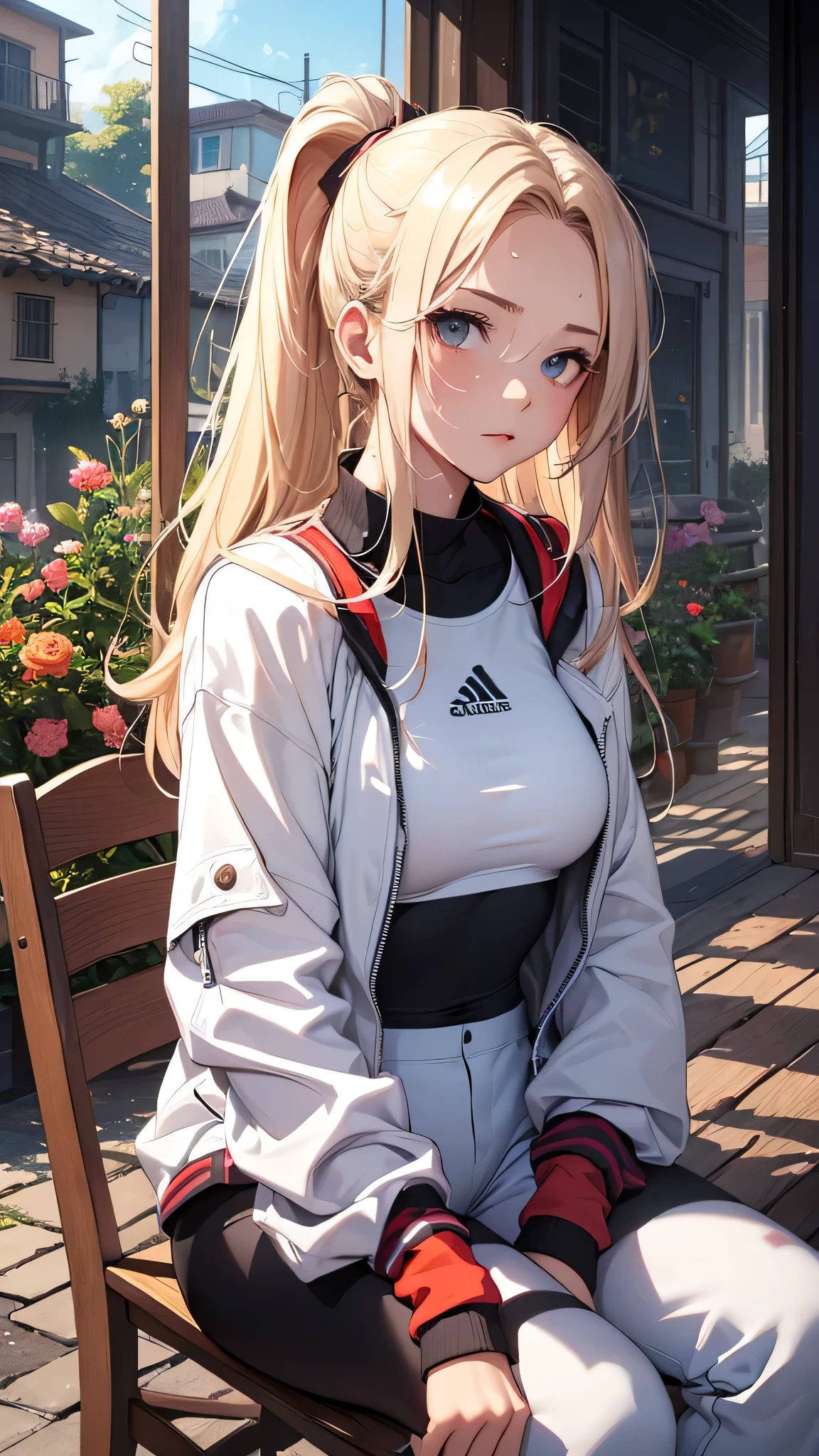 最high quality、best image quality、masterpiece、teenage girl((20-year-old、 By becoming、vest bust、medium bust,wide open breast tea、shining eyes, blonde hair、long hair、thin,highest valley、ponytail、white sports pants、white sports bra、sweating、scattering of sweat、Flushed body、black jacket、sit on a chair、gameplay)),high quality、beautiful art、background((garden、Squirting、bright sky))debris flies、Depth of written boundary、movie、visual art、perfect art、8k,genuine、