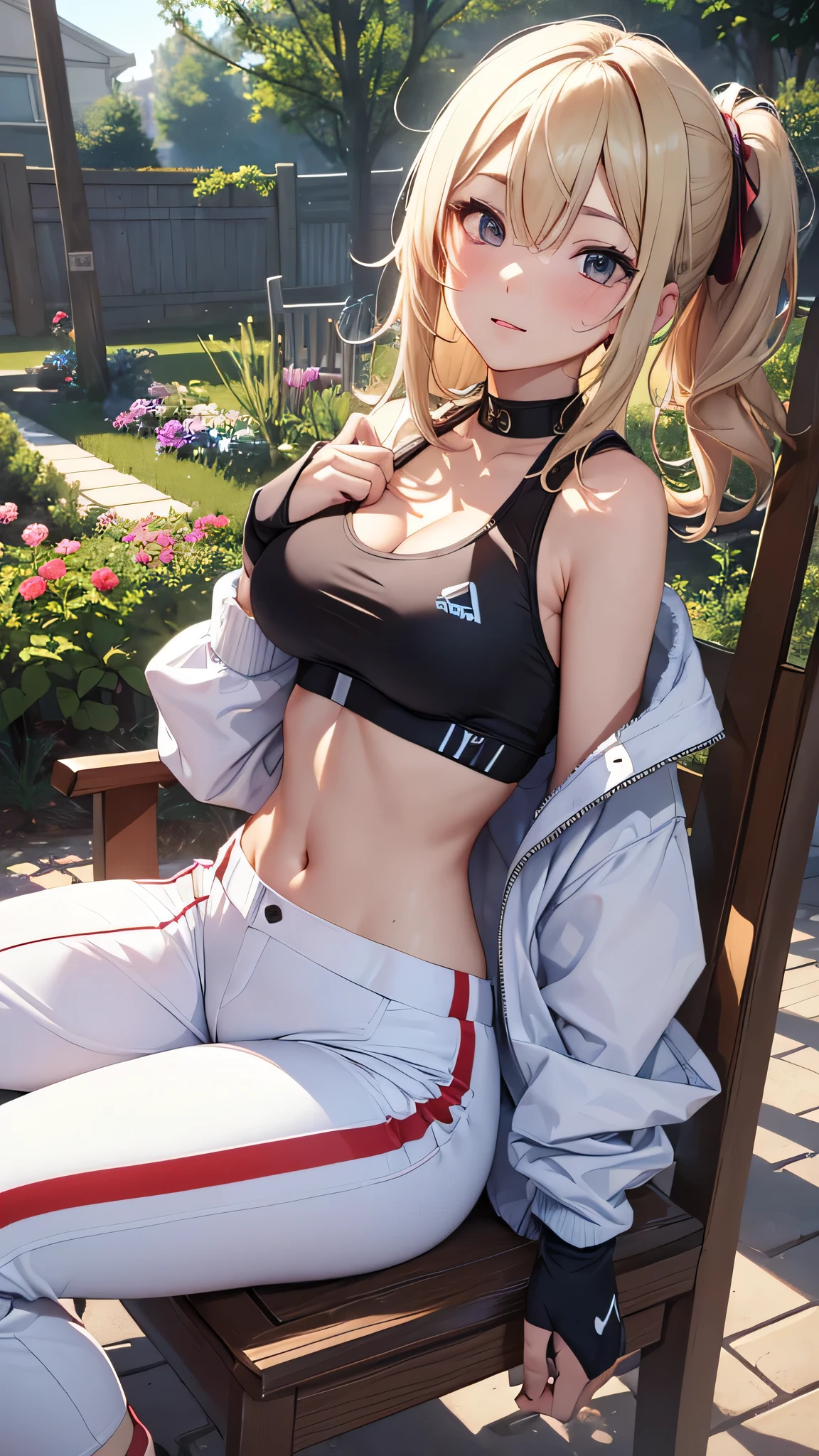 最high quality、best image quality、masterpiece、teenage girl((20-year-old、 By becoming、vest bust、medium bust,wide open breast tea、shining eyes, blonde hair、long hair、thin,highest valley、ponytail、white sports pants、white sports bra、sweating、scattering of sweat、Flushed body、black jacket、sit on a chair、gameplay)),high quality、beautiful art、background((garden、Squirting、bright sky))debris flies、Depth of written boundary、movie、visual art、perfect art、8k,genuine、