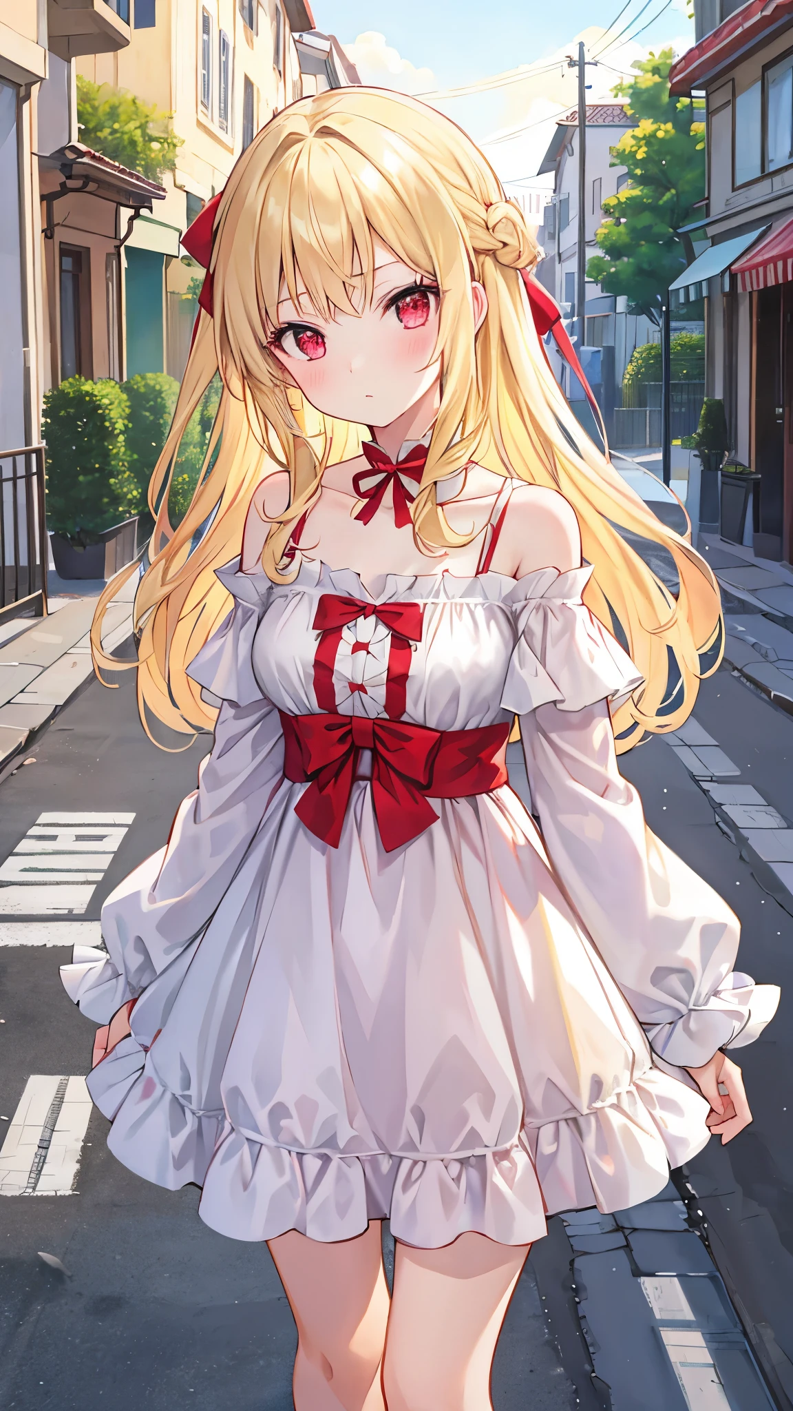 Anime girl in a white dress walking down a street - SeaArt AI