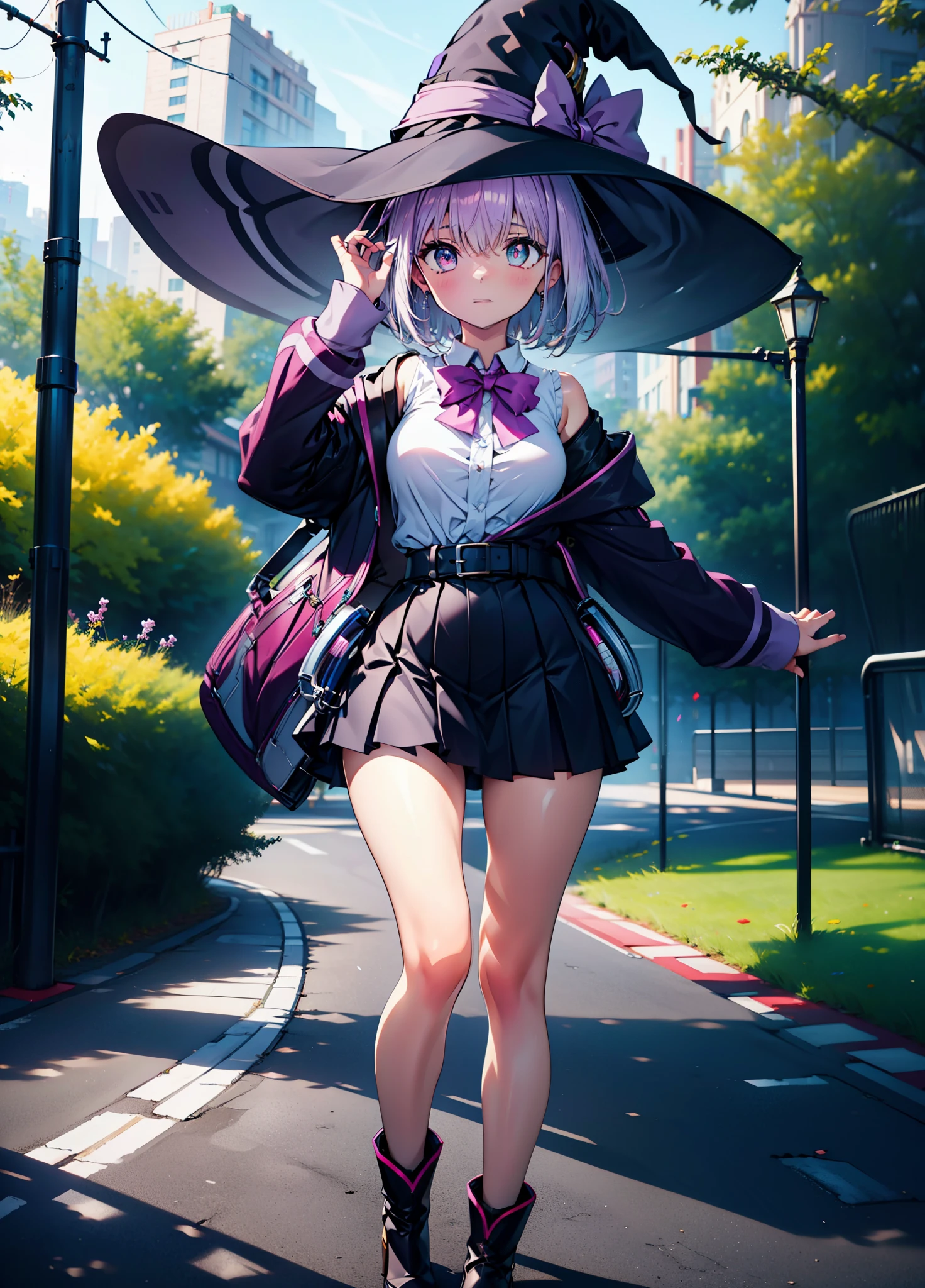 akaneshinjou, shinjou akane, Place your right hand on your waist,He has a magic wand in his left hand,light purple hair, (pink eyes:1.2), smiling short hair,witch hat,purple sleeveless dress,mini skirt,Gray pantyhose,short boots,
break outdoors, forest,
break looking at viewer, Upper body,whole body,　　　　　　　　　　break (masterpiece:1.2), highest quality, High resolution, unity 8k wallpaper, (figure:0.8), (detailed and beautiful eyes:1.6), highly detailed face, perfect lighting, Very detailed CG, (perfect hands, perfect anatomy),