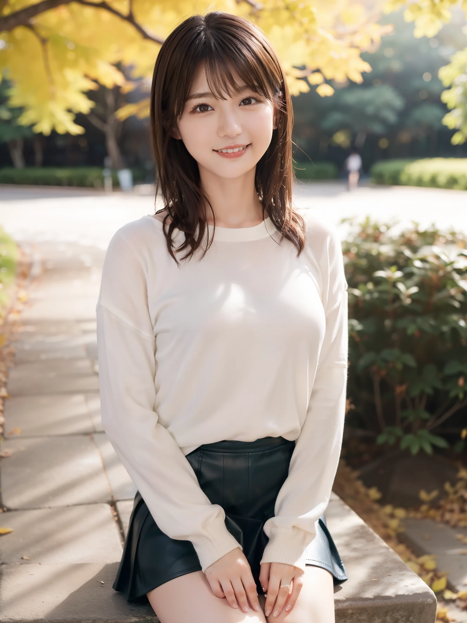 In 8K,highest quality:1.4, Super high resolution:1.5, (realistic:1.4),masterpiece:1.2,(highest quality:1.4)、 RAW photo、(background is blurry), park date、full body shot:1.5、 1 japanese girl, cute, (alone), (A big smile), smooth skin、(30 years old:1.4)、stand、check mini skirt、cute mini skirt、 (brown medium hair,bangs), (touch hair:1.4)、Nogizaka、cute、supple fingertips,beautiful black eyes、natural skin texture:1.3, Realistic eye and face details:1.7、medium breasts、look at the viewer、gravure、beautiful feet、autumn&#39;s、long sleeve、Kochia