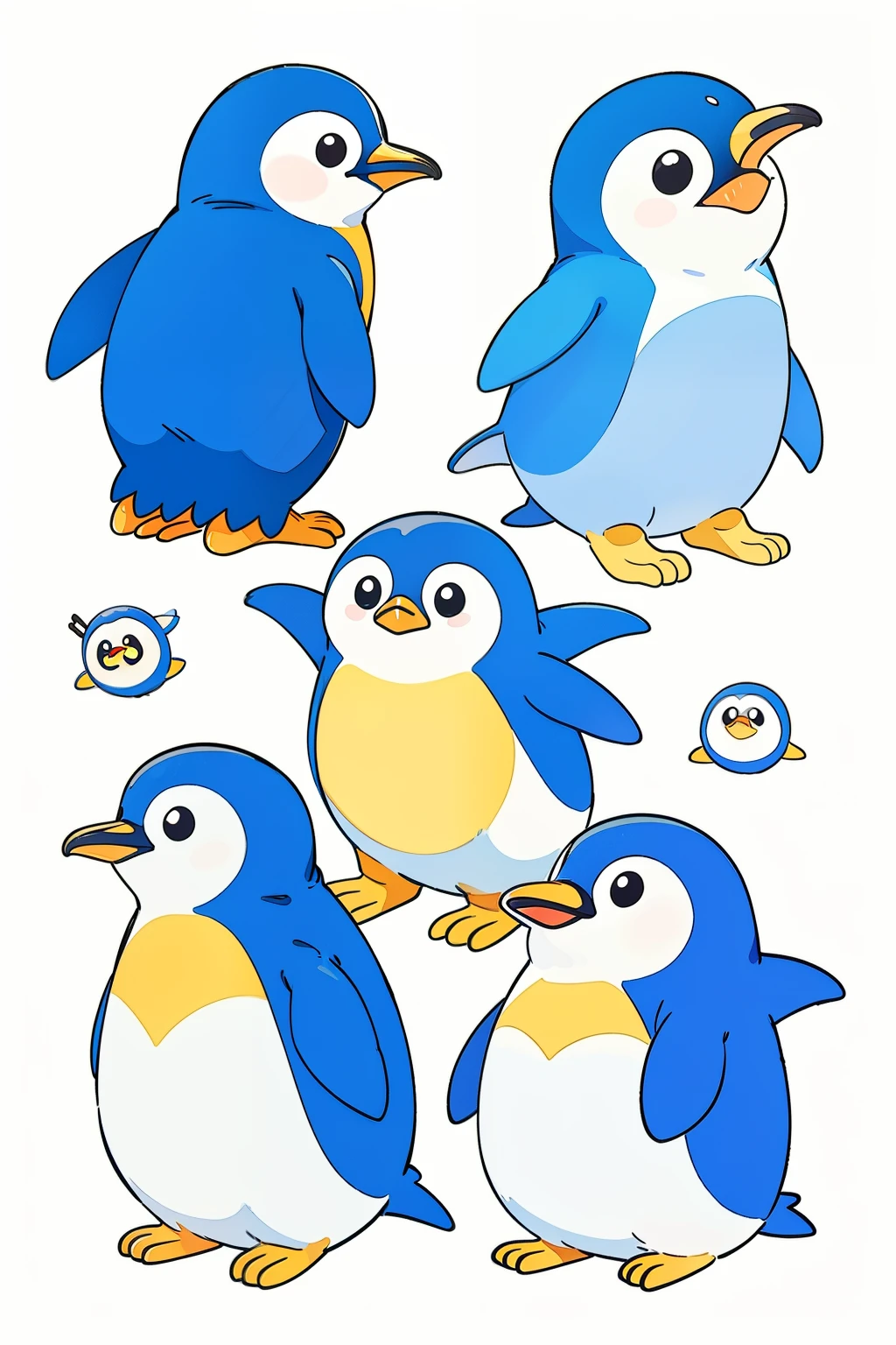 penguin with coins、Cute Penguins、7 different poses、yellow background、vector art、