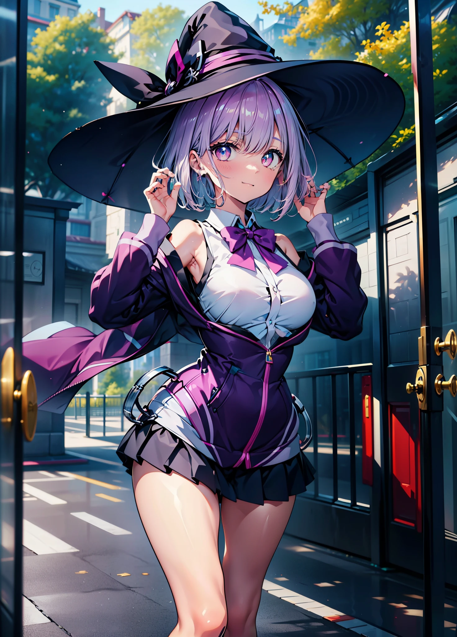 akaneshinjou, shinjou akane, Place your right hand on your waist,He has a magic wand in his left hand,light purple hair, (pink eyes:1.2), smiling short hair,witch hat,purple sleeveless dress,mini skirt,Gray pantyhose,short boots,
break outdoors, forest,
break looking at viewer, Upper body,whole body,　　　　　　　　　　break (masterpiece:1.2), highest quality, High resolution, unity 8k wallpaper, (figure:0.8), (detailed and beautiful eyes:1.6), highly detailed face, perfect lighting, Very detailed CG, (perfect hands, perfect anatomy),