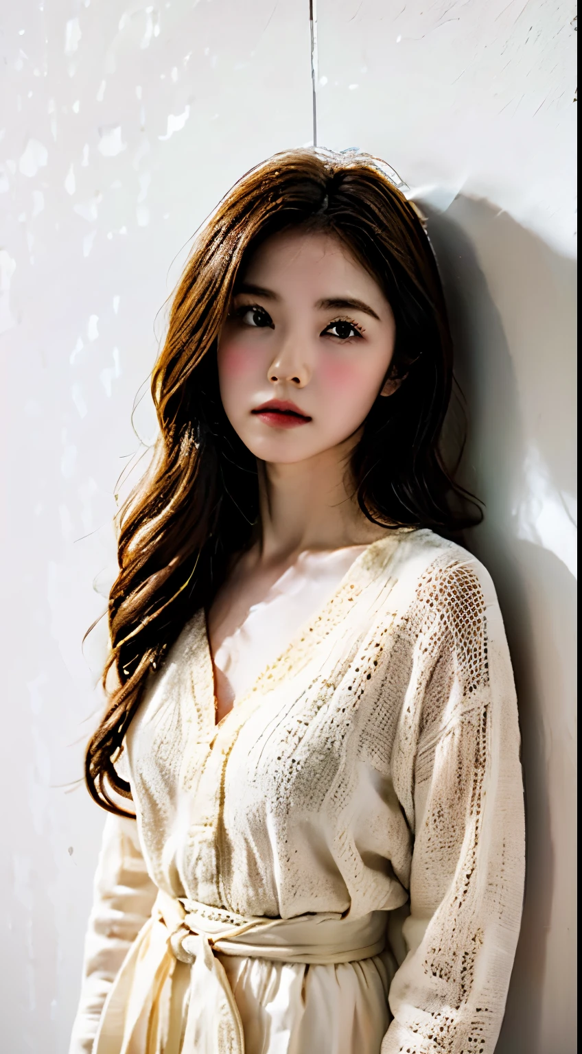 (((simple configuration)))、(((The background is a white wall:1.2)))、one girl、perfect anatomy、painterly、sketch、very delicate、wall with cloud-like pattern、、Floral、delicate depiction、abstract、Bright colors overall、Gentle color、Taisho romance、(masterpiece、highest quality、highest quality、official art、beautiful beautiful:1.2)、