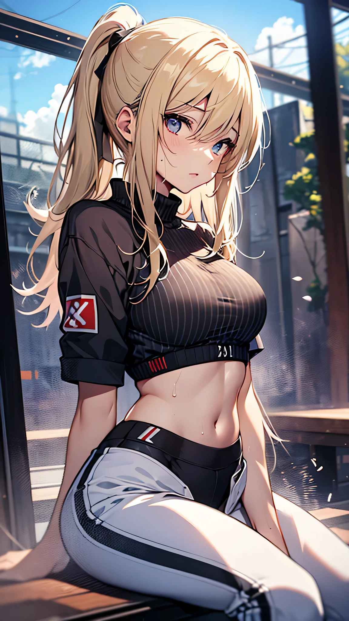 最high quality、best image quality、masterpiece、teenage girl((20-year-old、 By becoming、vest bust、medium bust,wide open breast tea、shining eyes, blonde hair、long hair、thin,highest valley、ponytail、blue sports bra(1:2)、Blue sports pants、sweating、scattering of sweat、Flushed body、black jacket、sit on a chair、gameplay)),high quality、beautiful art、background((garden、Squirting、bright sky))debris flies、Depth of written boundary、movie、visual art、perfect art、8k,genuine、