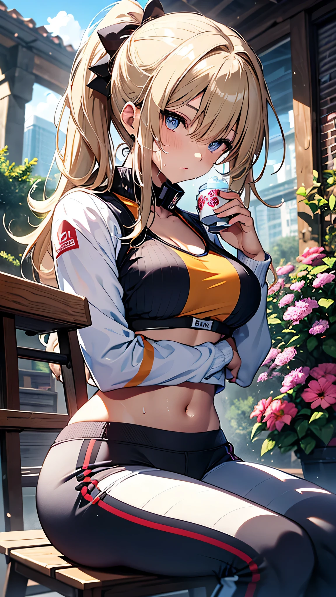 最high quality、best image quality、masterpiece、age girl((20-year-old、 By becoming、vest bust、medium bust,wide open breast tea、shining eyes, blonde hair、long hair、thin,highest valley、ponytail、white sports pants、white sports bra、sweating、scattering of sweat、Flushed body、black jacket、sit on a chair、gameplay)),high quality、beautiful art、background((garden、Squirting、bright sky))debris flies、Depth of written boundary、movie、visual art、perfect art、8k,genuine、