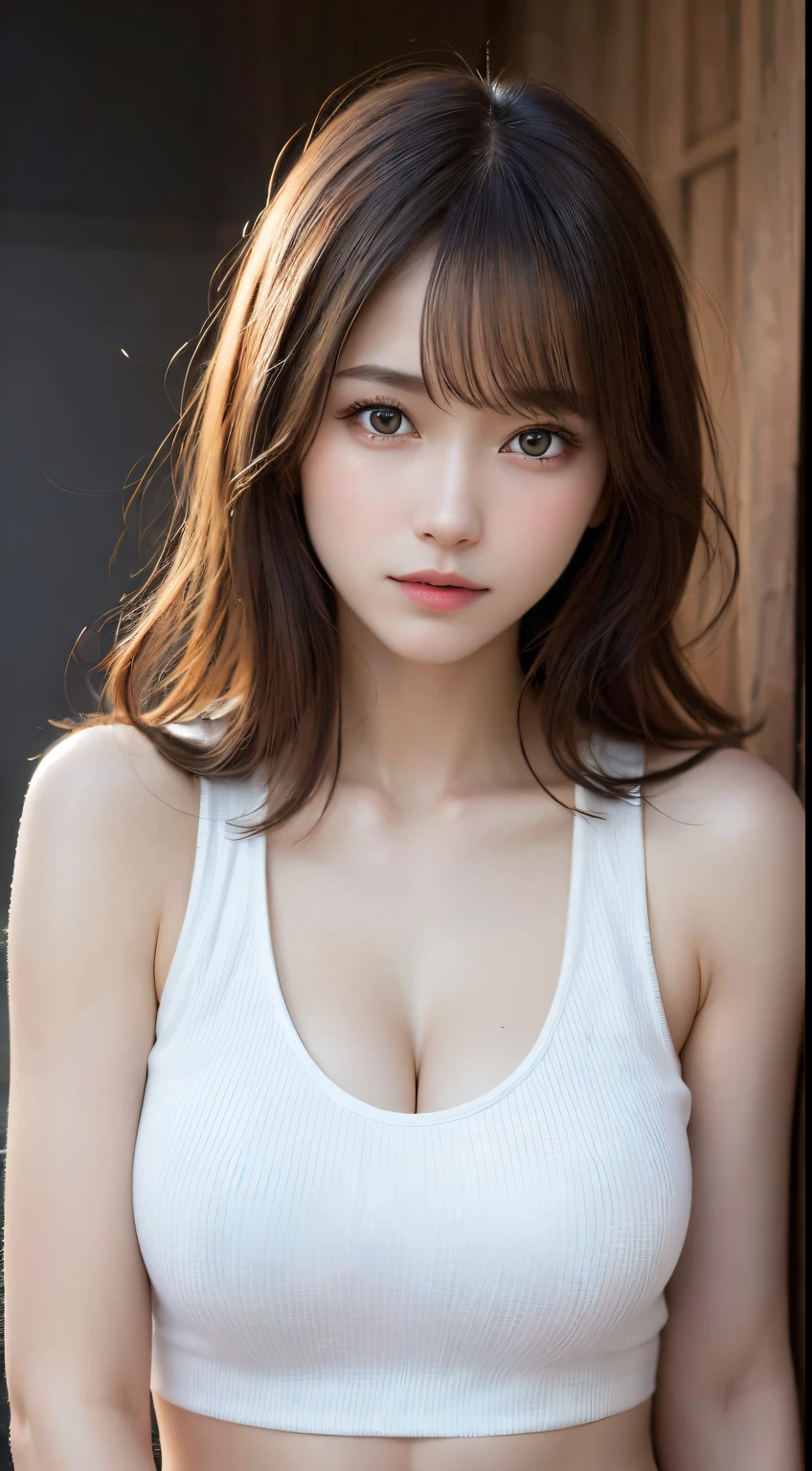 masutepiece, Best Quality, Illustration, Ultra-detailed, finely detail, hight resolution, 8K Wallpaper, Perfect dynamic composition, Beautiful detailed eyes, Natural Lip,White tank top:1.9,,thigh visible,I can see my toned abs,Full body