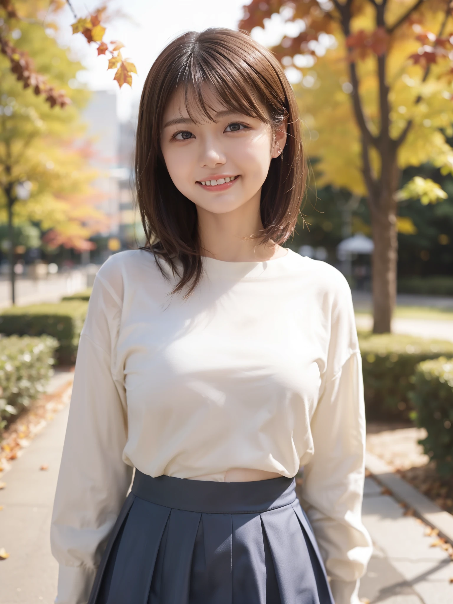 In 8K,highest quality:1.4, Super high resolution:1.5, (realistic:1.4),masterpiece:1.2,(highest quality:1.4)、 RAW photo、(background is blurry), park date、full body shot:1.5、 1 japanese girl, cute, (alone), (A big smile), smooth skin、(30 years old:1.4)、stand、check mini skirt、cute mini skirt、 (brown medium hair,bangs), (touch hair:1.4)、Nogizaka、cute、supple fingertips,beautiful black eyes、natural skin texture:1.3, Realistic eye and face details:1.7、medium breasts、look at the viewer、gravure、beautiful feet、autumn&#39;s、long sleeve、Kochia