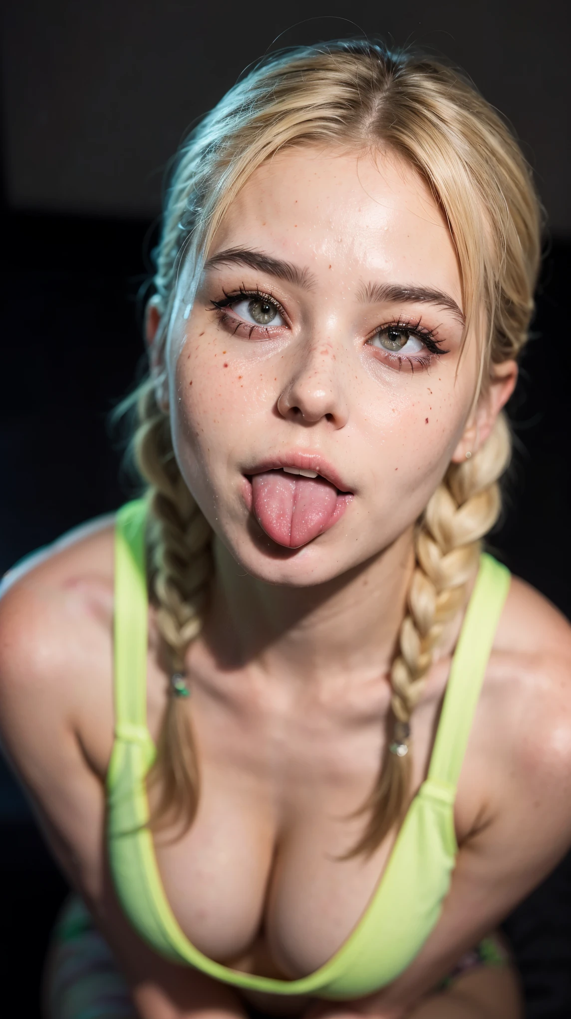 (ultra realistic),Photo, high quality, аналоговая Photoграфия Ahegao , (low lighting), (neon atmosphere) ,portrait, 1 girl, Ahegao, blonde,(hair in a braid), view from above, detailed eyes, (ultra detailed),