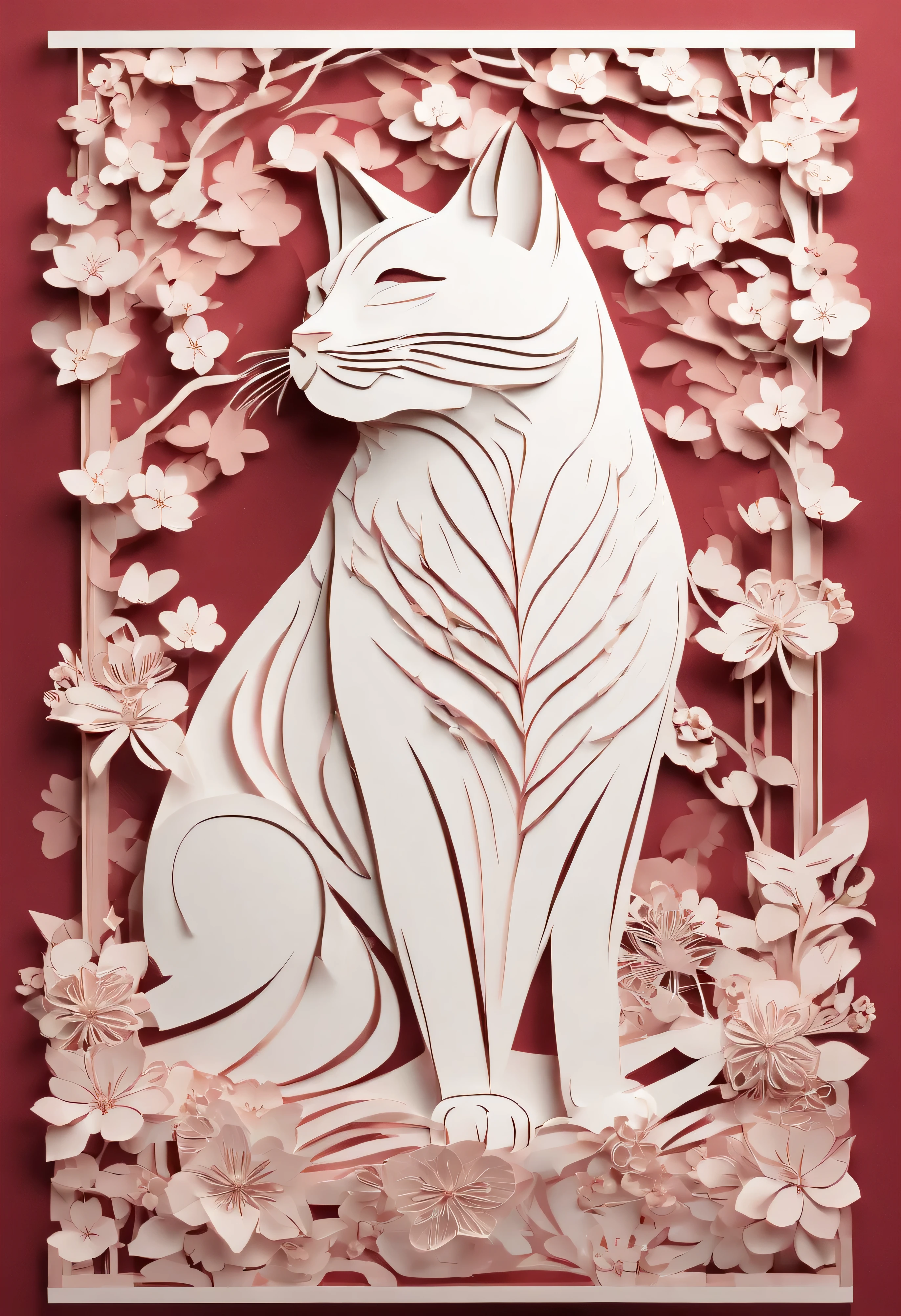 ((Cat relaxing))、Kyoto temple with cherry blossoms blooming、Simple line art illustration、minimalism