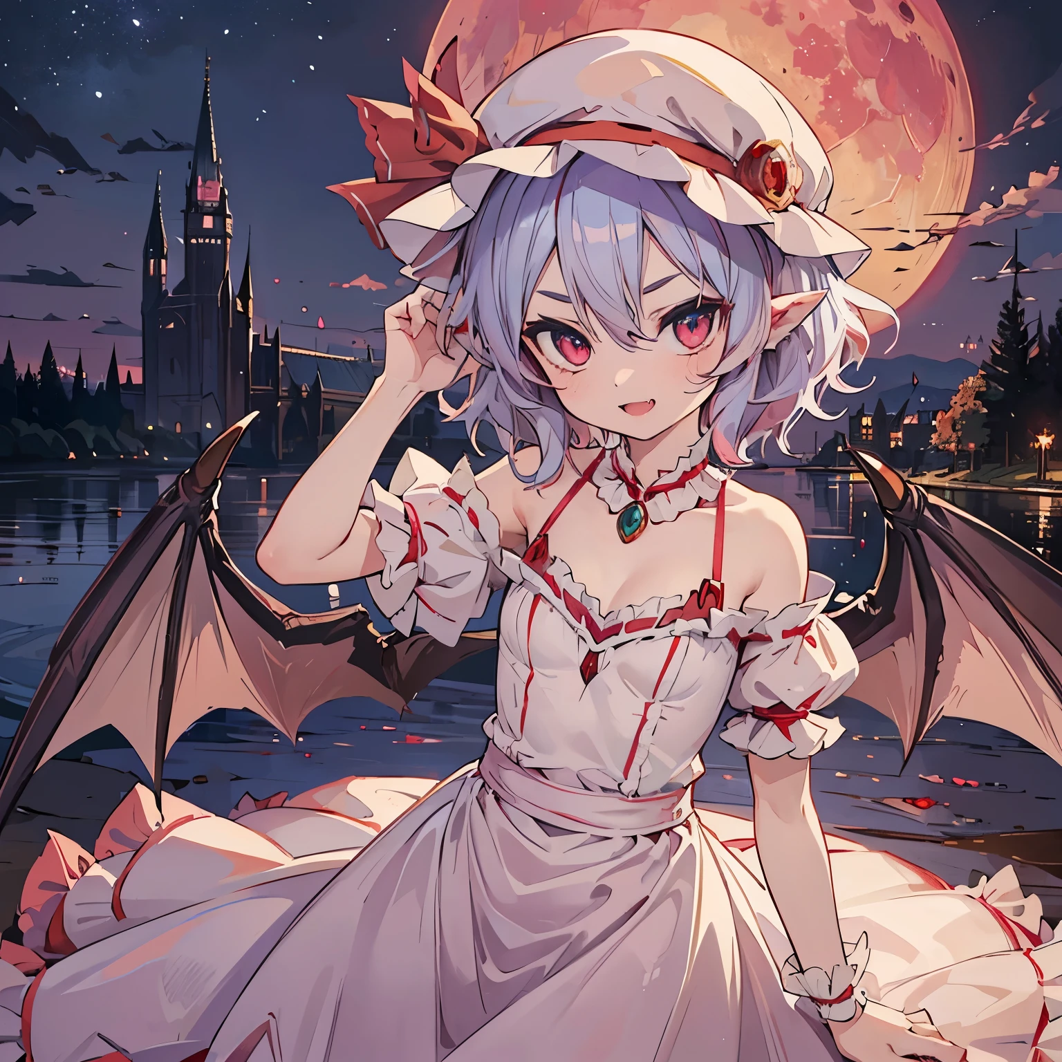 (solo Remilia toho character standing on the deck of mansion:1.3), (solo:1.2), skinny, a full moon, midnight, BREAK, short hair, collarbone, (emphasize small very perky breasts:1.3), (emphasize cleavage:1.2), (inconceivably thin narrow waist:1.3), (very short thin torso:1.2), very long (thin legs), emphasize thigh gap, (arms behind back:1.2), BREAK, (very short sheer white dress squeeze breasts:1.2), (dress lift breasts up:1.2), (inconceivably wiry narrow brown corset cinches waist too tight:1.5), (frilled too short white miniskirt), (light blue thighhighs), BREAK, nose blush