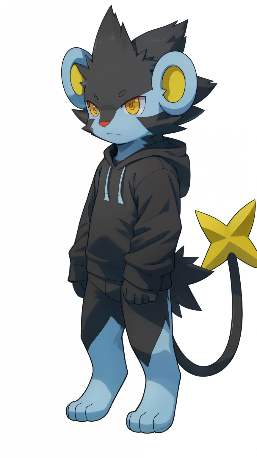 luxray, anthro, anthro, anthro, anthro, tachi-e, hanging in the air, humanoid, juvenile, juvenile, juvenile, juvenile, juvenile漫画, kemono shota, Gray sweatshirt, vertical painting, Humanoid, White background, alone, yellow eyes, red sclera, (posture:1.3), (摆posture:1.3), (soft shadow), 4K, Empty, ((deTailed face, (deTailed eyes:1.0), deTailed)), By Zachary 911, by zavus, (by making friends:0.5), wild, Tail