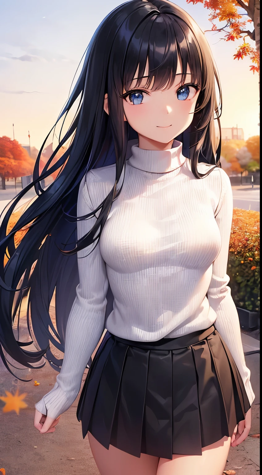 ((masutepiece, Best Quality)), ((hight resolution)), (photos realistic), Best Shadow, high detailing, Very detailed, (nice hand, Perfect hands), (Face Focus:1.2), ((1girl)), Beautiful Girl, 18 years old, blue eyes, (black long Hair:1.5), (small breasts:1.3), (Smile:1.3), Glossy white skin, (view from front:1.3), (Very slender:1.3), (Cute face:1.3), (look at viewer:1.4), detailed facial features,droopy eyes, Crisp focus, perfect beautiful body and face, Perfectly focused, (white knit sweater:1.3), black mini skirt, Long bangs, (standing:1.4), (in the autumn park:1.4), sunset, windy