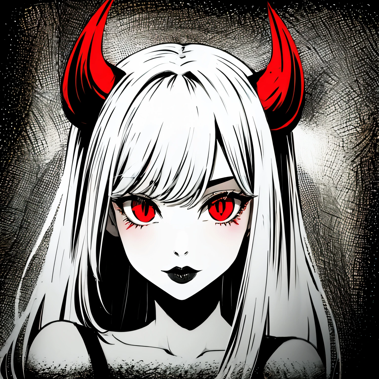 make a horror portrait of a  devil horned girl with black lips with red eyes in black and white colors