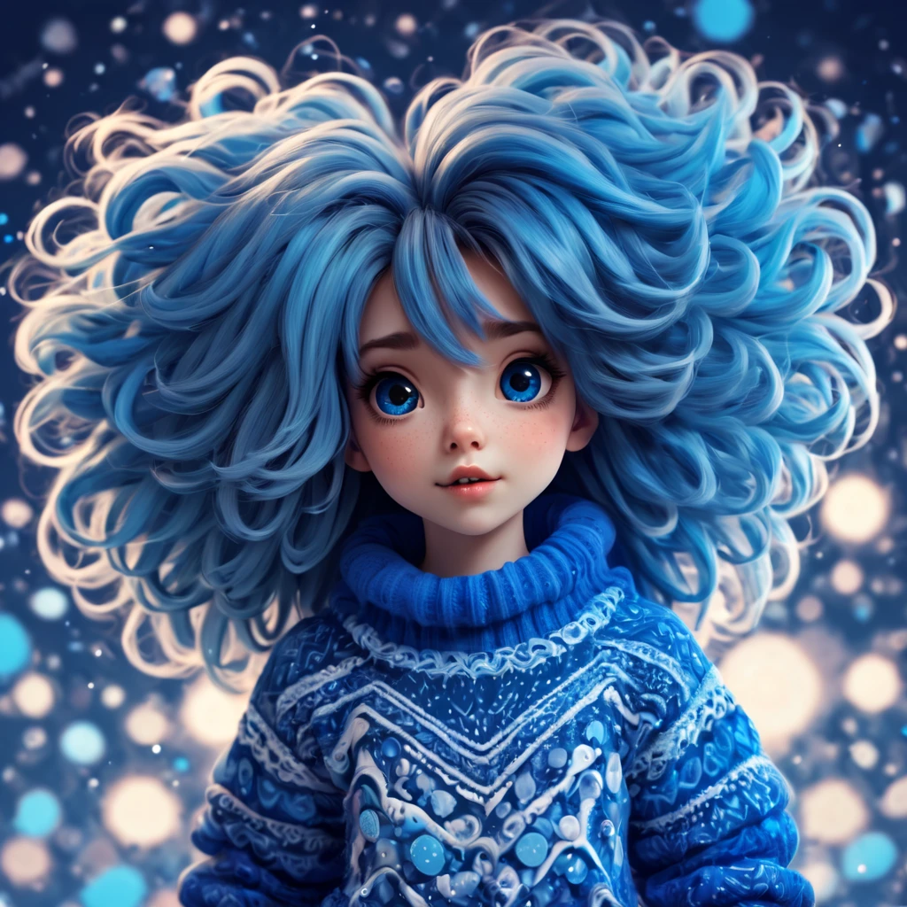 (best quality, highres), magical, blue theme, (magical cute girl:1.2). with (((exaggerated hair, huge fluffy hair", expanded hair, exagerated voluminous hair))), blue and white sweater with zentangle lines, details, (((horsehair, fluffy))), socks, shoes, origami hair texture,