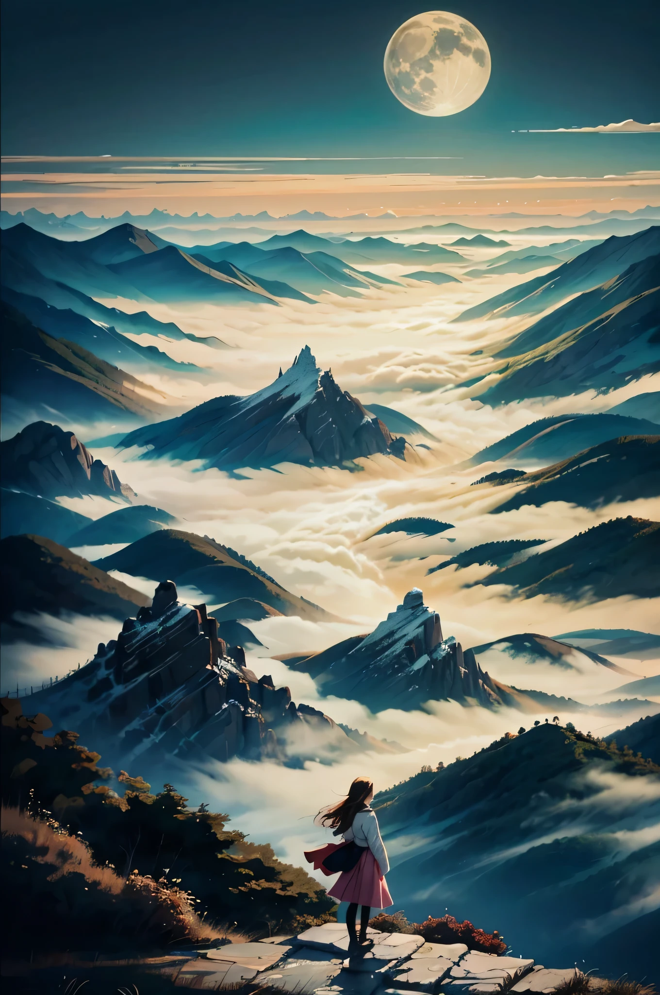 1girl, solo,ultra-detailed,pantyhose, perfect face,pink、mountains、near future、cyber-、sea of clouds、Asahi、hope、grow、(1 female:1.2),Giant Swing、Fly over the mountains,)desolation,Shining Weapon,dynamic angle, [(Art book: Art book: Art book. Art book.:0.8)|Art by Lyubov Popova], octane render, unity 8k wallpaper, Super detailed, beautiful and aesthetic, Extremely detailed, dynamic angle, the most beautiful form of chaos, It&#39;s elegant, Designed by brutalists, Bright colors, romanticism, james jean, robbie dowi antono, Los Tran, francis bacon, Michal Mraz, Adrian Genie, Petra Cortright, Gerhard Richter, Takato Yamamoto, ashley wood, Atmospheric, ecstasy of notes, Displaying streaming notes,moon night,long shot, beautiful background,,shirt,skirt, ink touch、spring colors, chinese ink drips, artistic painting