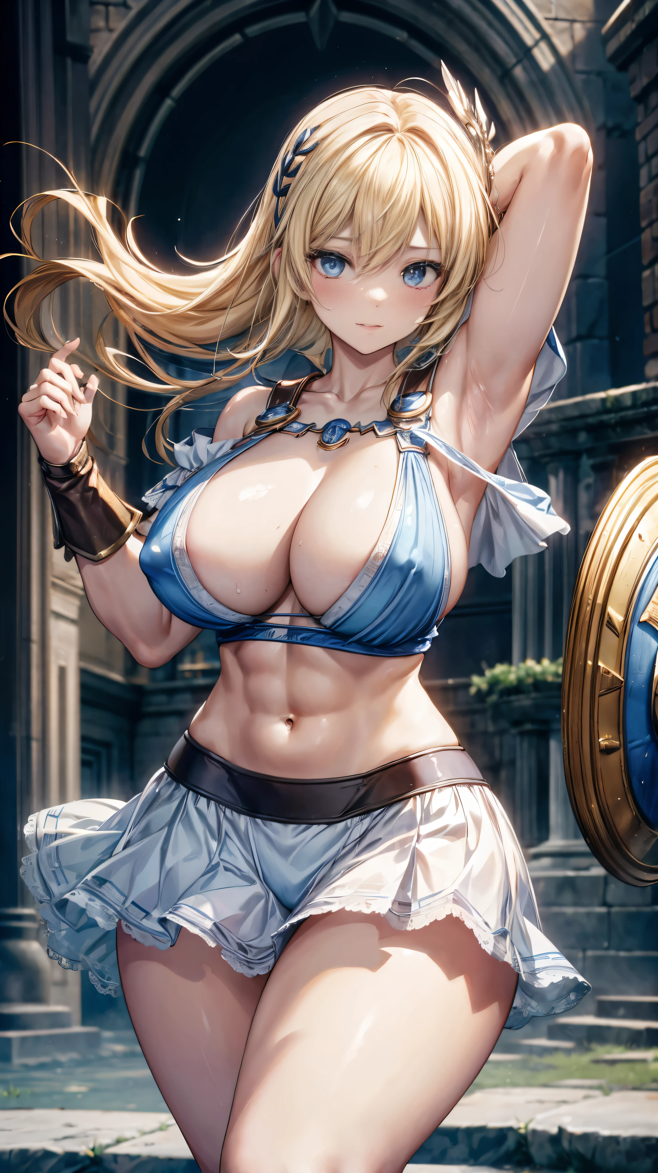 sensual, long blonde hair, thick thighs, 8k, 4k, highest quality, High resolution:1.2), cute anime face, noise reduction, shining blue eyes, gentle smile, gentle eyes、toned abdominal muscles, muscular arms, muscular legs, young face, anime eyes, (((big breasts、A chest that is about to burst)))、(((Sophitia Alexandra、Equipped with sword and shield)))