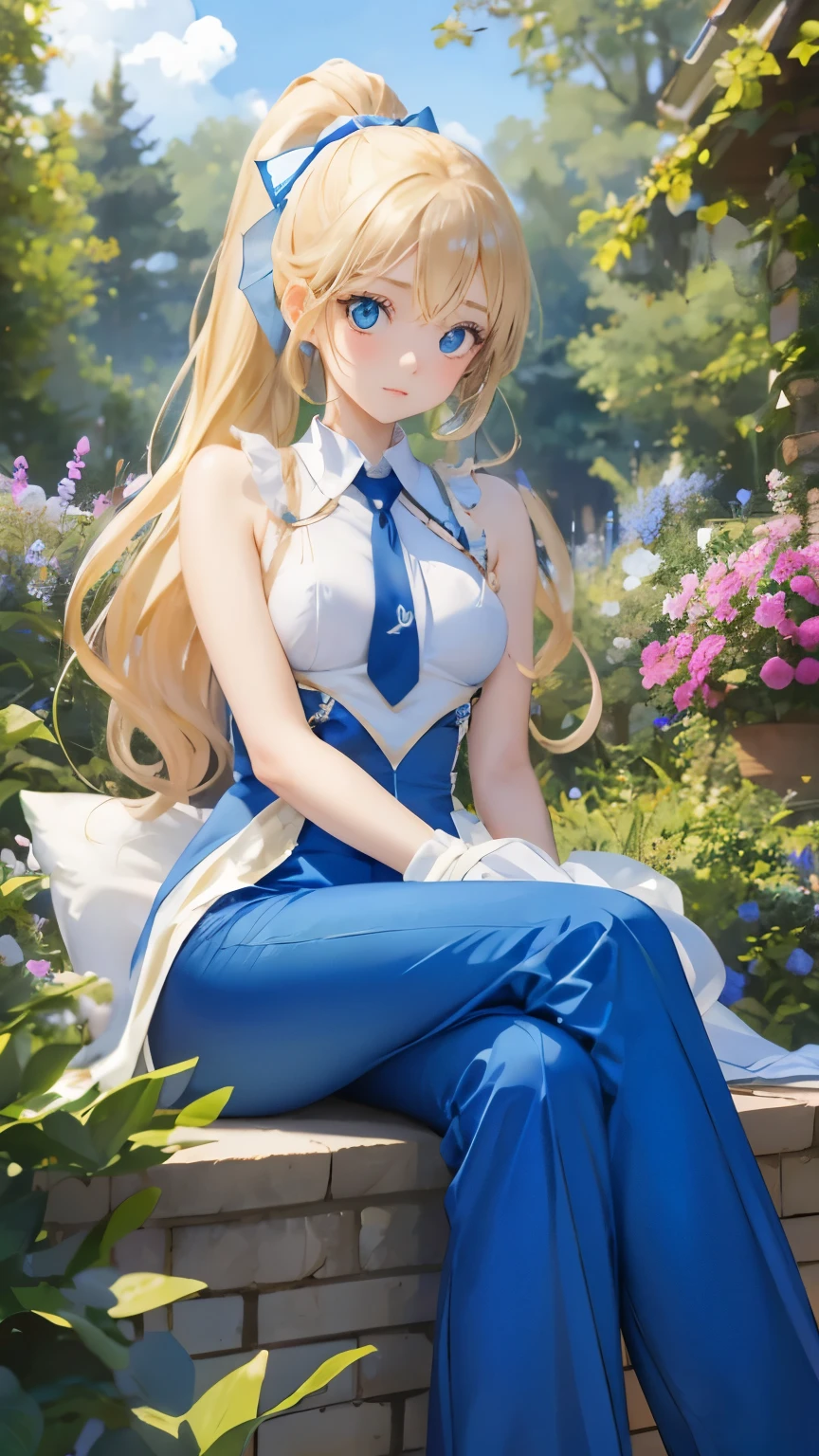 (masterpiece:1.2), (highest quality:1.2),, Curvy but slender body, perfect eyes, perfect face, perfect lighting, 1 girl, in the garden, (tie),(whole bodyが見える),(company employee),(long pants),(suit),(ponytail),curly hair, fine clothes, detailed outdoor background, compensate, eye shadow, thick eyelashes, fantasy, looking at the viewer, whole body,alice in wonderland、blue sky、Bright and very beautiful face、young shiny glossy white shiny skin、the best beauty、the most beautiful bright blonde hair in the world、thin hair、long hair、Shining beautiful bangs、big shining blue eyes、Very beautiful and lovely 18 years old, the most beautiful girl in the world、small breasts