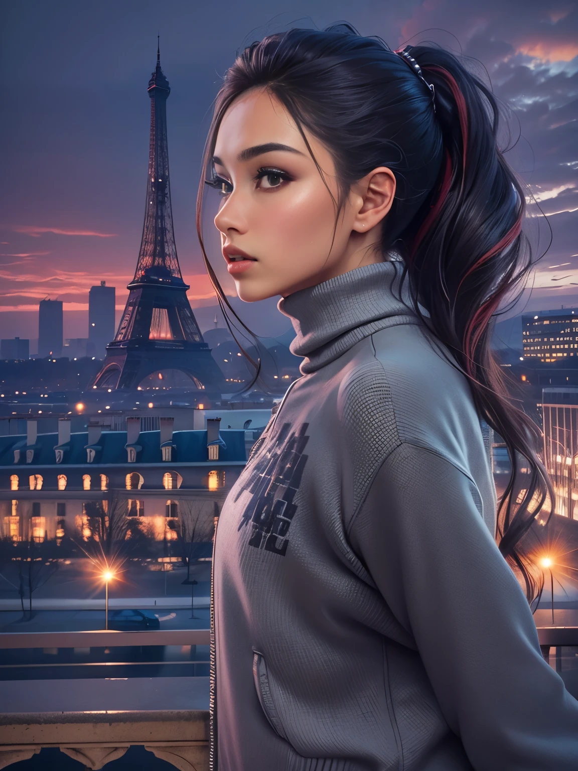 photorealistic, high resolution, 1 beautiful female, malay beauty, ponytail hairstyle, black hair, turtleneck streetwear, background city of paris, Eiffel Tower, dynamic pose, dramatic, chromatic aberration. 
