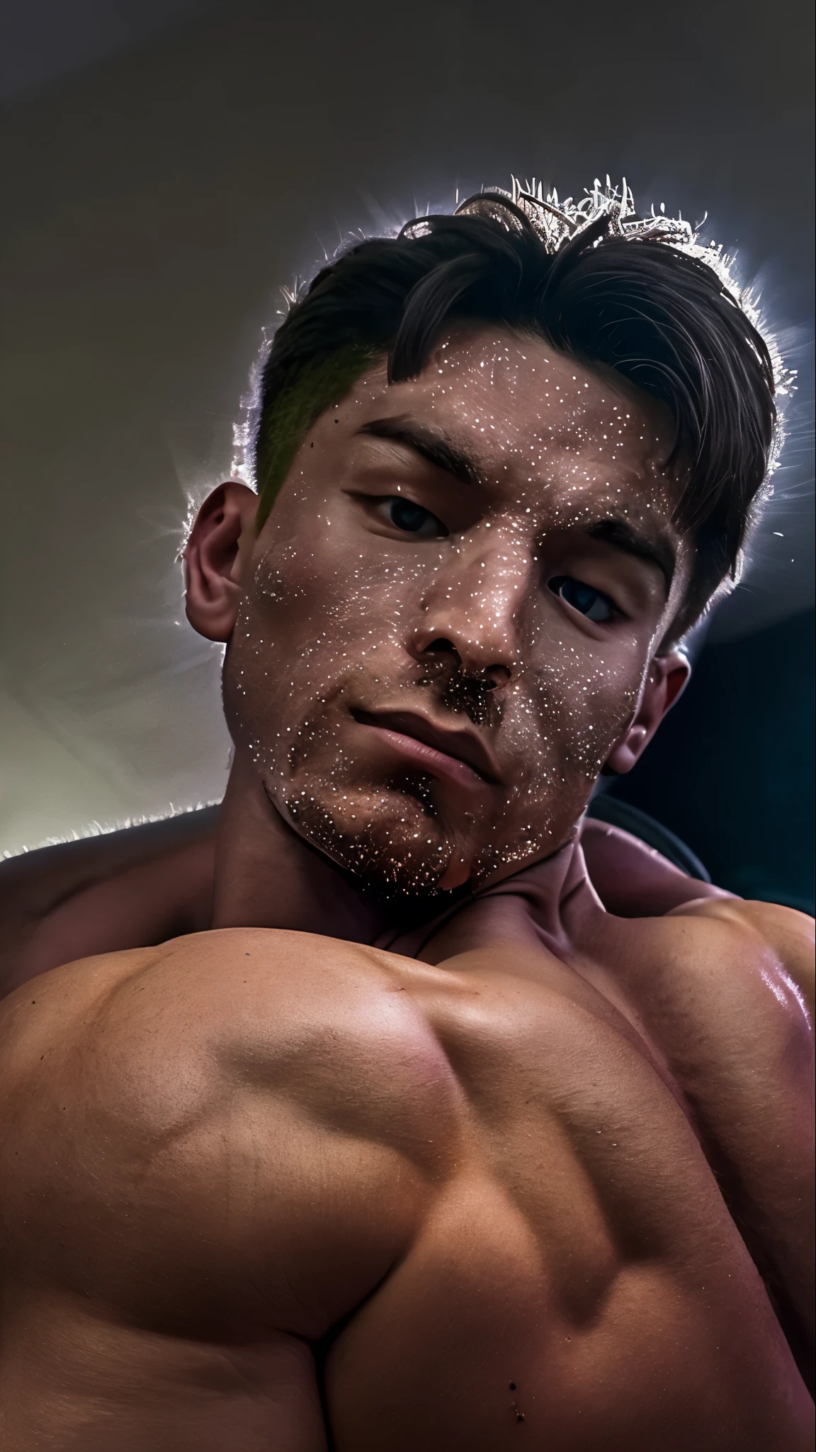 young boy, cat ear, (28 years old male, male only, muscular body), breedable, sweating, outdoor, blushing, scared, ((short brown hair)), chiseled abs, chiseled pecs, blue eyes, naked, ((half body, upper body)), (pinned on the grass ground, lying on the back, lying on the back on the grass ground)), ((sweating, cum on body, mouth full of cum, long drip of cum from mouth, one eye closed, glistening skin, oily skin, shiny skin))，Dark atmosphere，8K,Cinematic lighting effects，Textured skin，best qualtiy，Storytelling images，Storytelling images，dynamic blur，actionpose