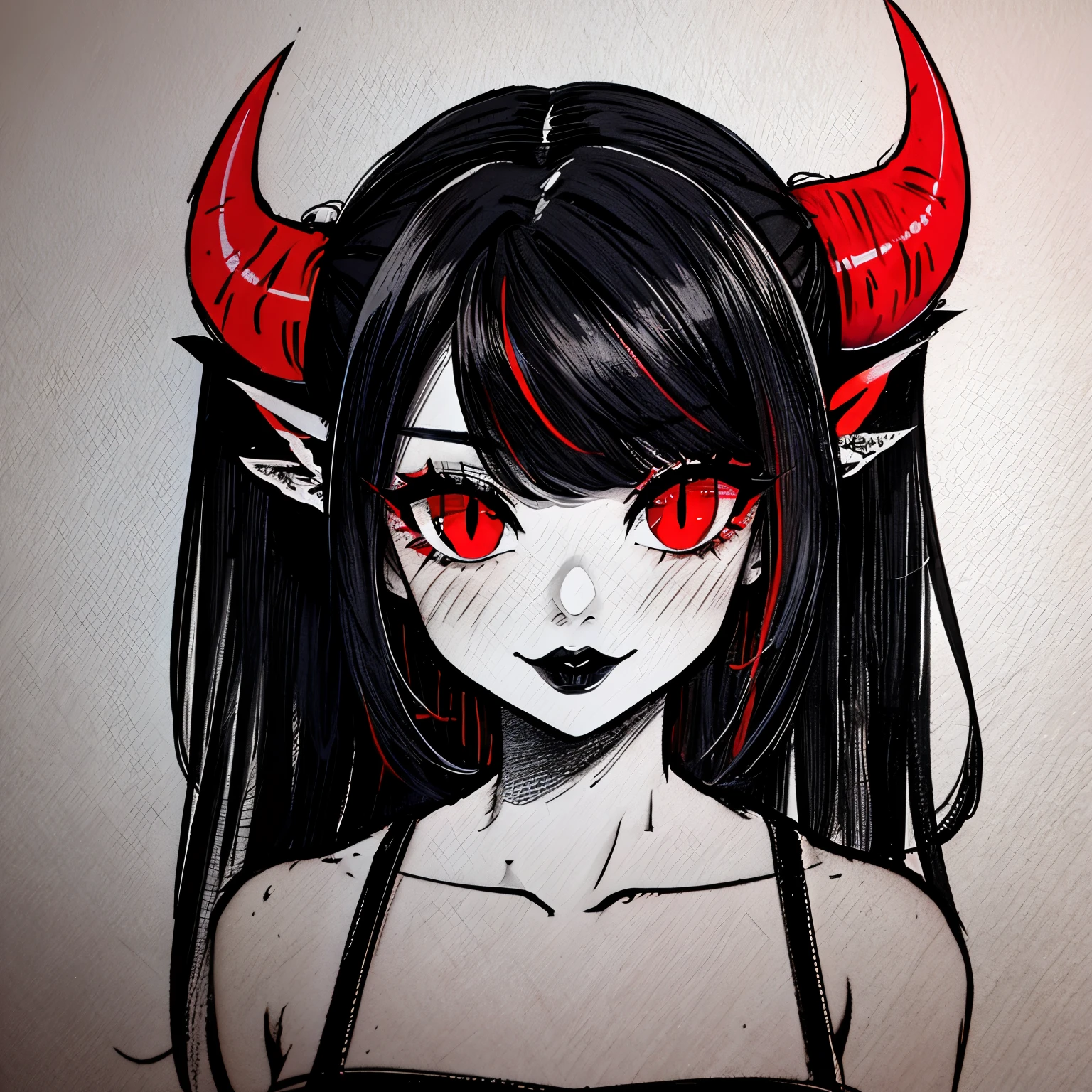 make a horror portrait of a sexy devil horned girl with black lips with red eyes in black and white colors