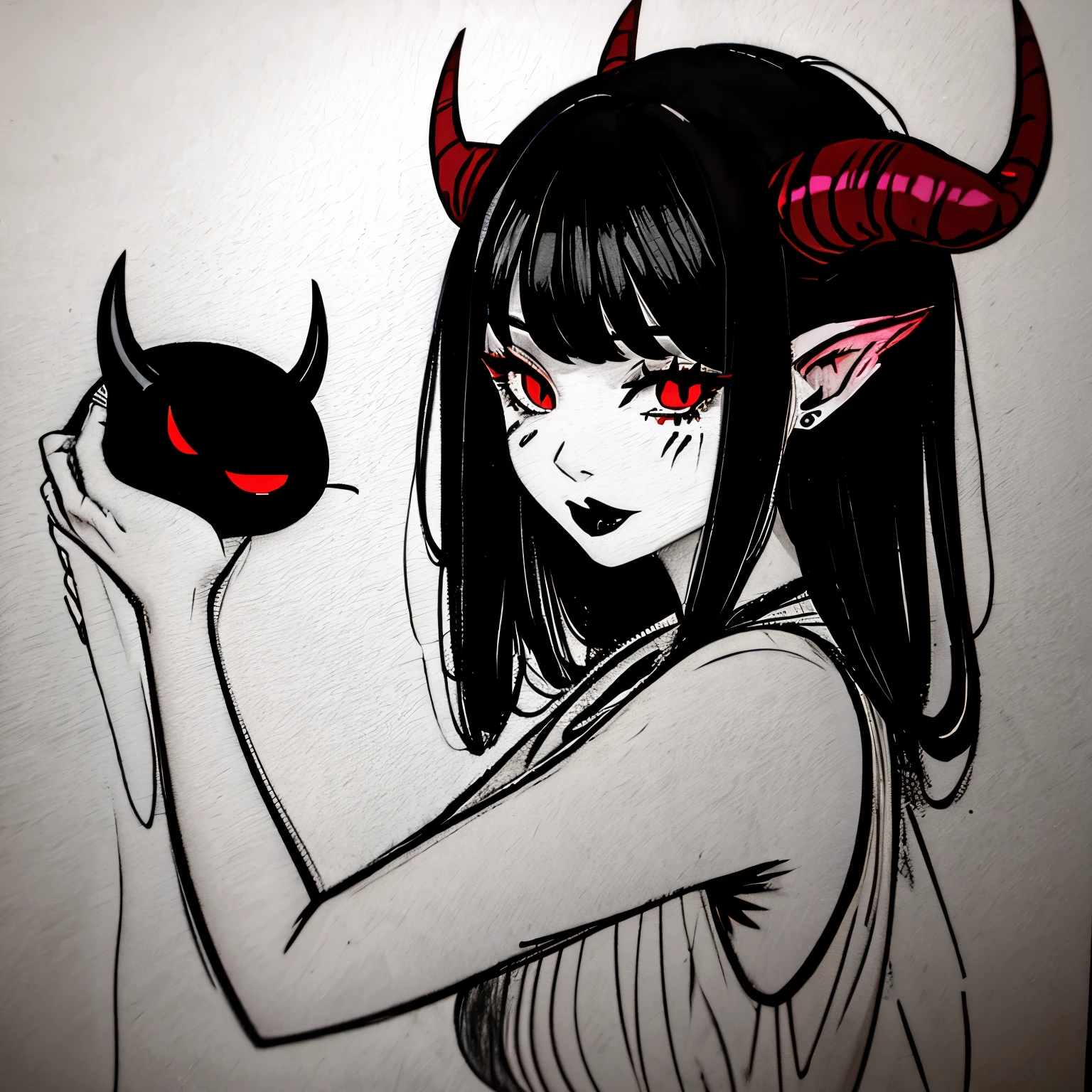 make a horror portrait of a sexy devil horned girl with black lips with red eyes in black and white colors