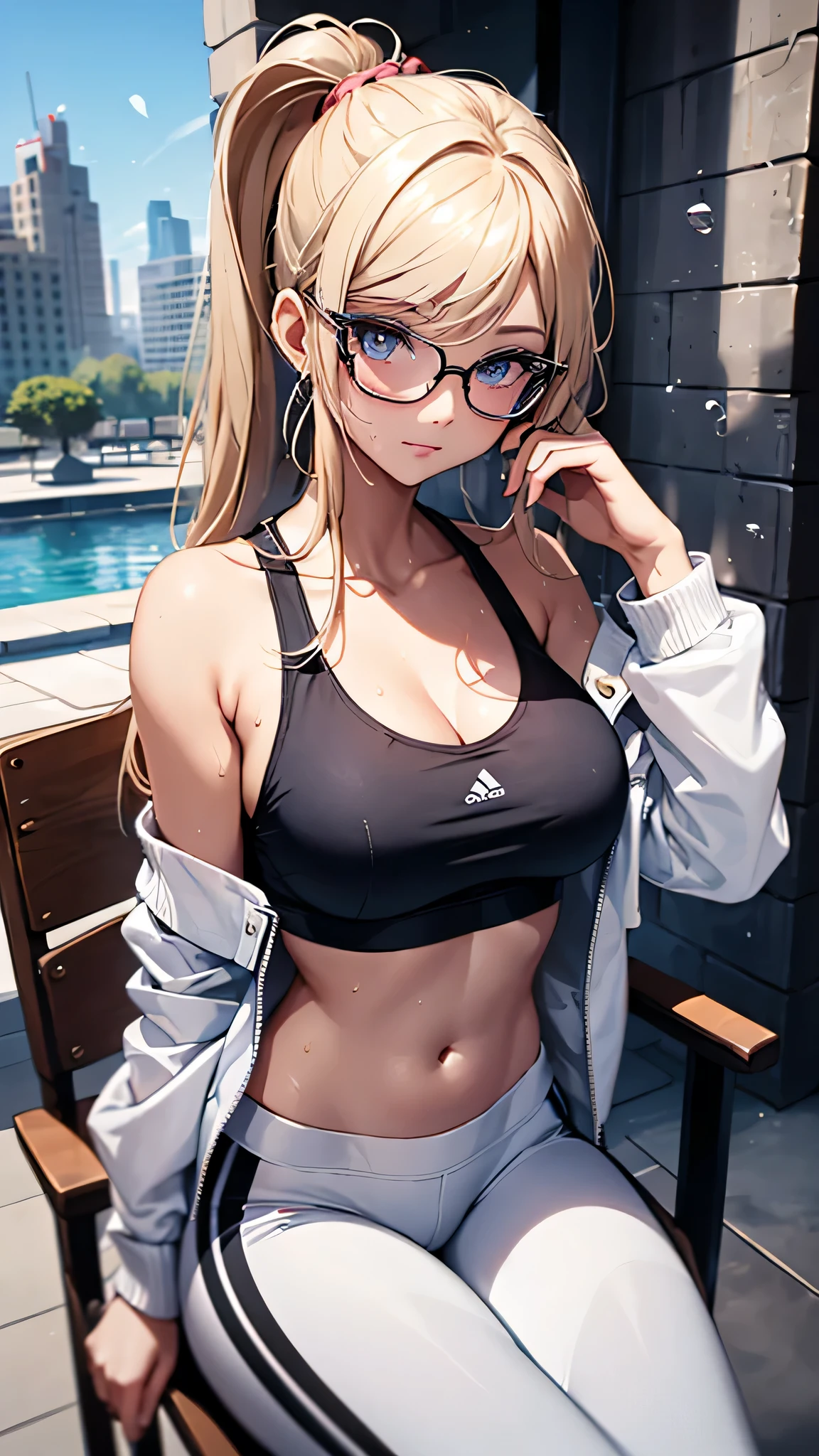 最high quality、best image quality、masterpiece、age girl((20-year-old、 By becoming、vest bust、medium bust,wide open breast tea、shining eyes, blonde hair、long hair、thin,highest valley、ponytail、white sports pants、white sports bra、sweating、scattering of sweat、Flushed body、black jacket、sit on a chair、gameplay)),high quality、beautiful art、background((fountain park、fountain square、bright sky))debris flies、Depth of written boundary、movie、visual art、perfect art、8k,genuine、