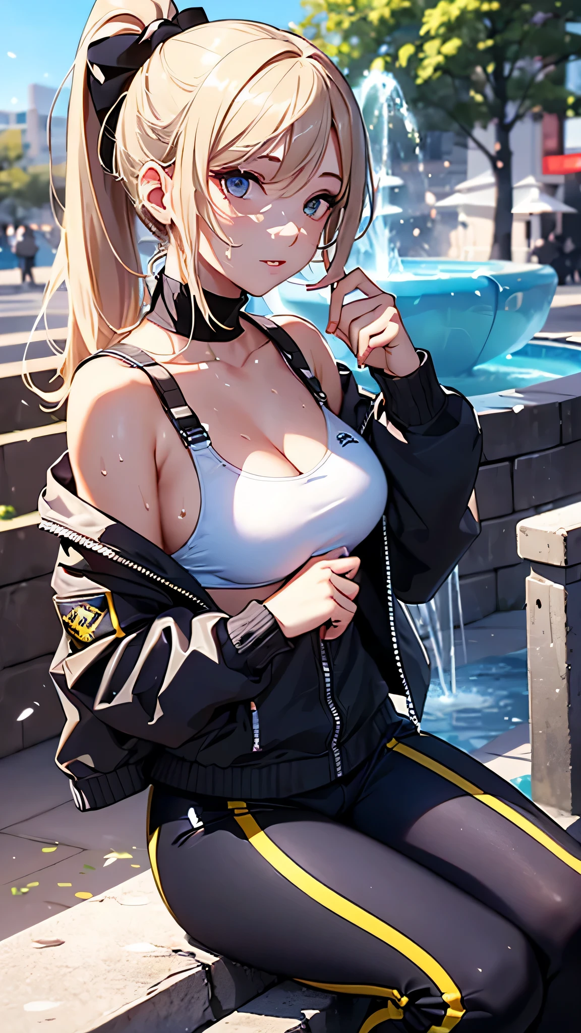 最high quality、best image quality、masterpiece、age girl((20-year-old、 By becoming、vest bust、medium bust,wide open breast tea、shining eyes, blonde hair、long hair、thin,highest valley、ponytail、white sports pants、white sports bra、sweating、scattering of sweat、Flushed body、black jacket、sit on a chair、gameplay)),high quality、beautiful art、background((fountain park、fountain square、bright sky))debris flies、Depth of written boundary、movie、visual art、perfect art、8k,genuine、