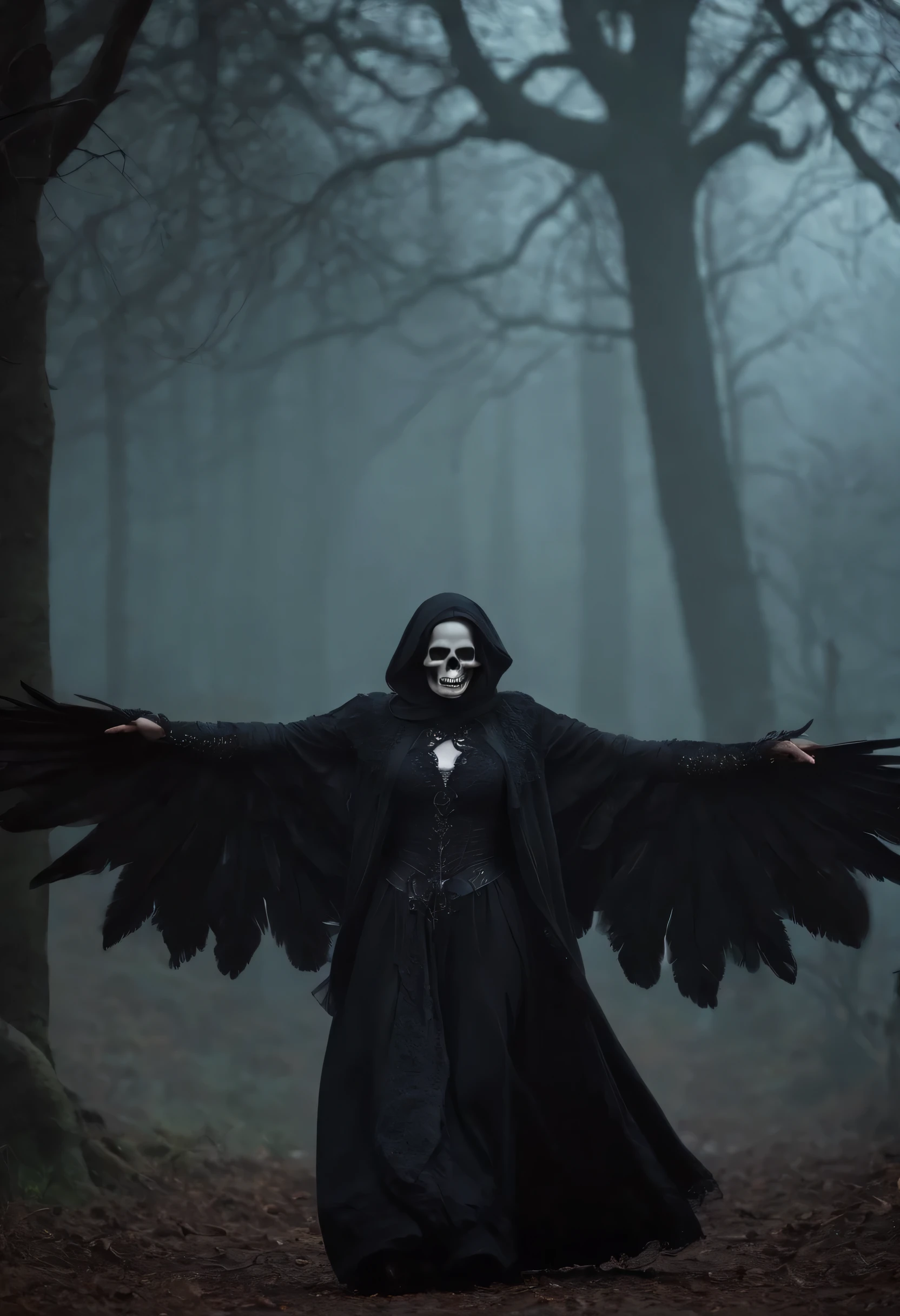 (best quality,4k,8k,highres,masterpiece:1.2),ultra-detailed,(realistic,photorealistic,photo-realistic:1.37),sinister gothic demon raven,menacing atmosphere,ominous shadowsraven,dramatic lighting,hauntingly beautiful,flickering candlelight,smoke and mist,fiery red and deep purple hues,dark and eerie landscape,macabre figures,elaborate gothic architecture,skull motifs,ethereal beings,demonic raven creatures,dance of darkness,surreal visual spectacle,black leather and lace,glowing pentagrams,spiked accessories,gloomy forest backdrop,twisted trees and branches,spectral entities,moonlit sky,strobe lights,pulsating music,unearthly energy,vivid neon colors,transcendent experience