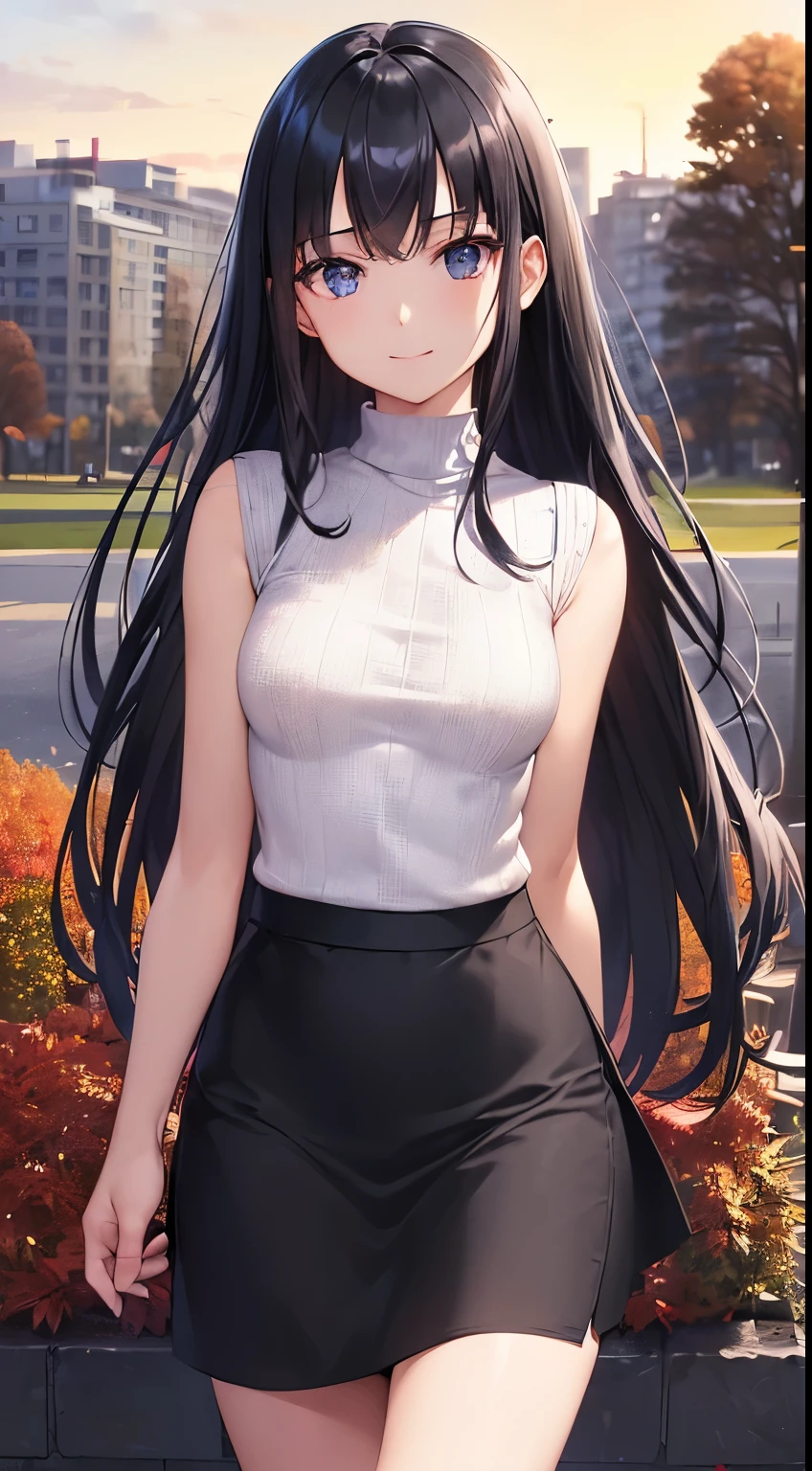 ((masutepiece, Best Quality)), ((hight resolution)), (photos realistic), Best Shadow, high detailing, Very detailed, (nice hand, Perfect hands), (Face Focus:1.2), ((1girl)), Beautiful Girl, 18 years old, blue eyes, (black long Hair:1.5), (small breasts:1.3), (Smile:1.3), Glossy white skin, (view from front:1.3), (Very slender:1.3), (Cute face:1.3), (look at viewer:1.4), detailed facial features,droopy eyes, Crisp focus, perfect beautiful body and face, Perfectly focused, (white knit sweater:1.3), (black long skirt:1.4), Long bangs, (standing:1.4), (in the autumn park:1.4), sunset, windy, buildings