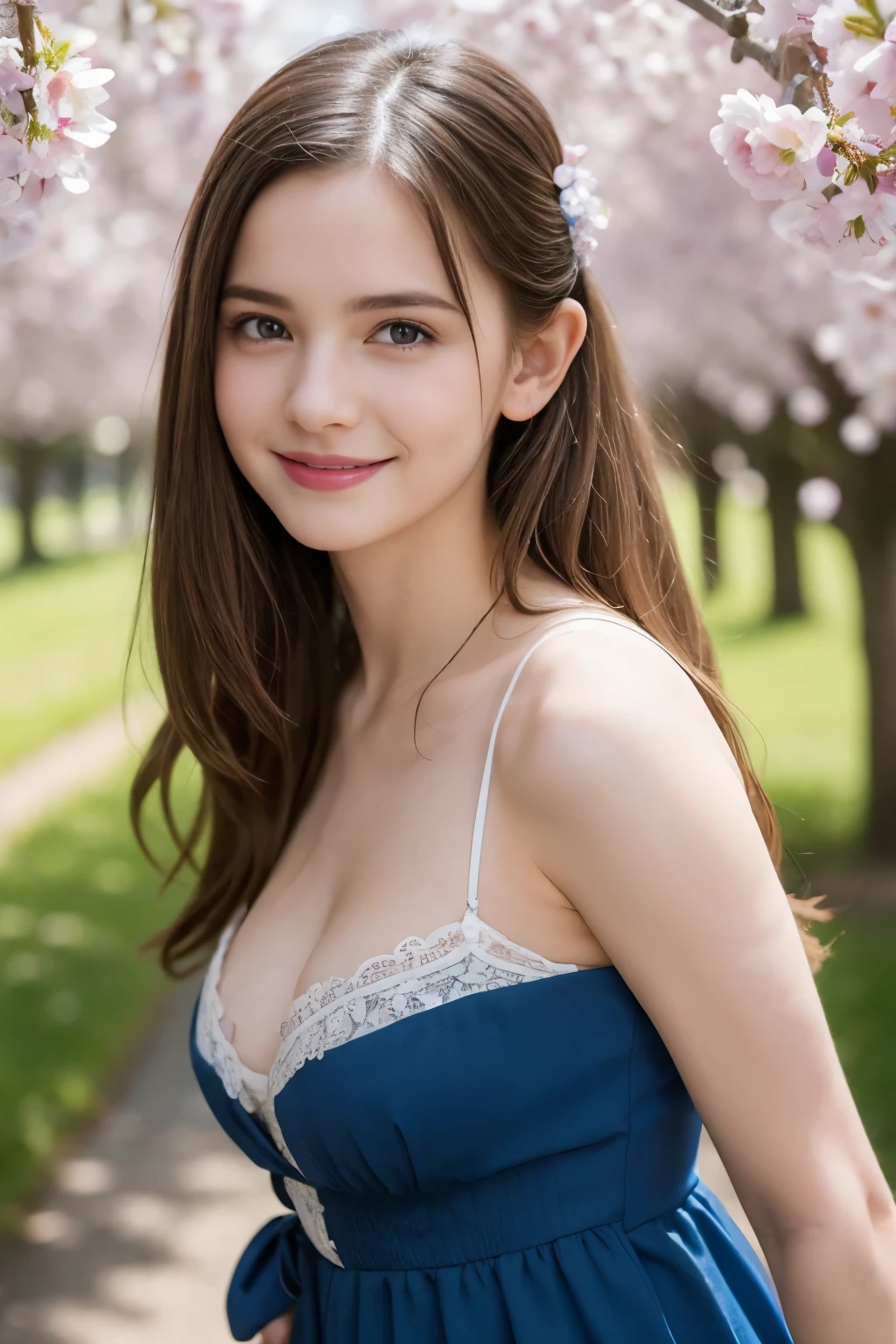 Masterpiece, Best quality, 8k, 18 ans, Photo brute, absurdes, Award-winning portrait, sourire, sourire, pure, french, elegant vibrant blue dress, spring, orchard in bloom, laces, actually love, sexy babe
