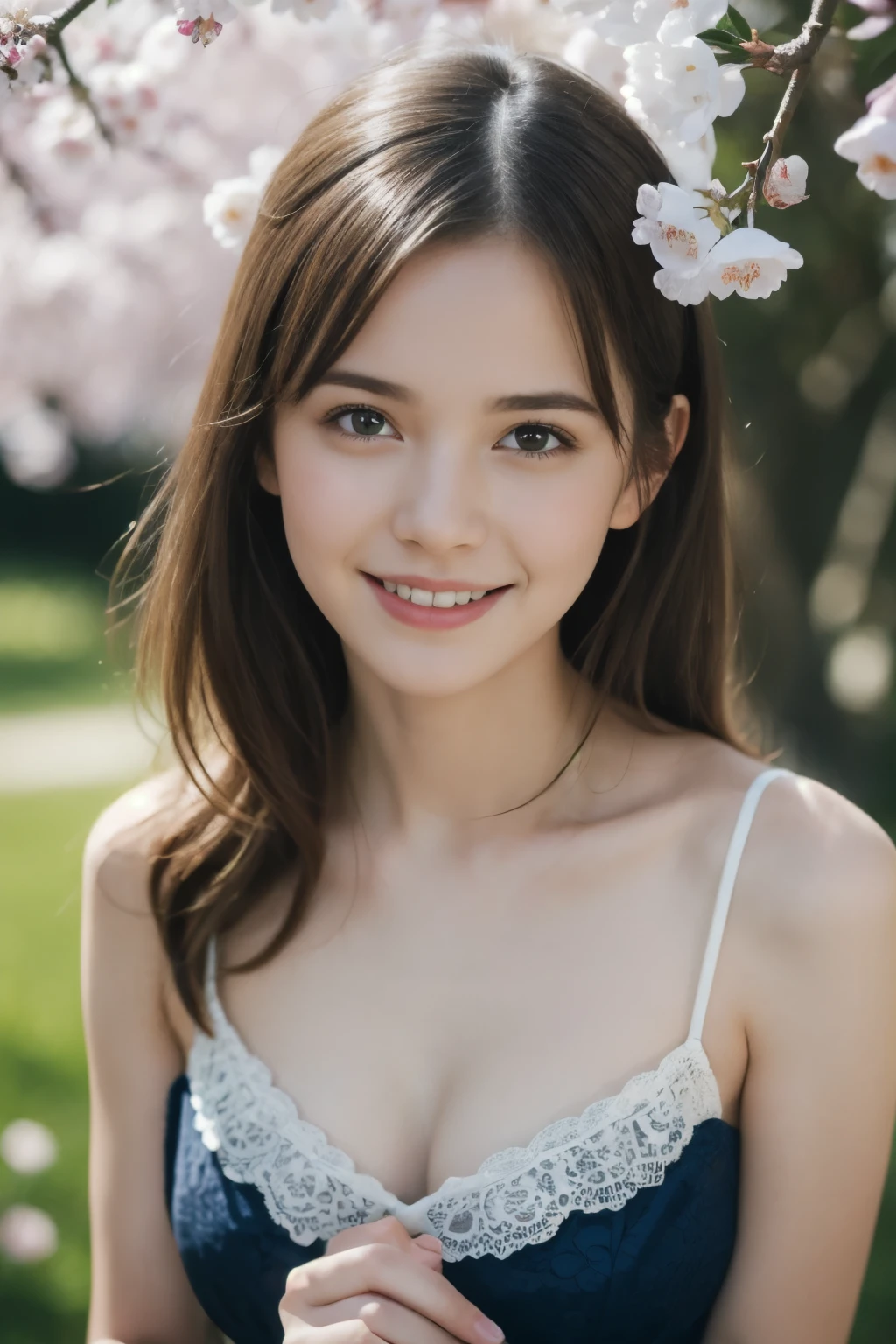 Masterpiece, Best quality, 8k, 18 ans, Photo brute, absurdes, Award-winning portrait, sourire, sourire, pure, french, elegant vibrant blue dress, spring, orchard in bloom, laces, actually love, sexy babe