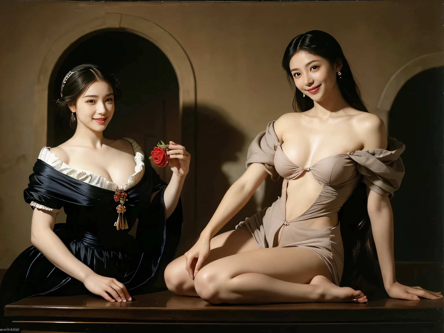 full body portrait ,fruits,Rose ,flower,Rosa,antique,A smile,,Sweet and seductive appearance.、Caravaggio's paintings、Chiaroscuro of Caravaggio,Two women frolicking,Cute smile, Expression of ecstasy