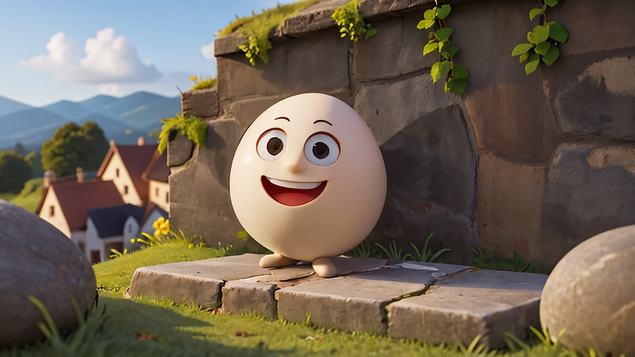 egg with a friendly face, is perched on the old stone wall at a medieval house