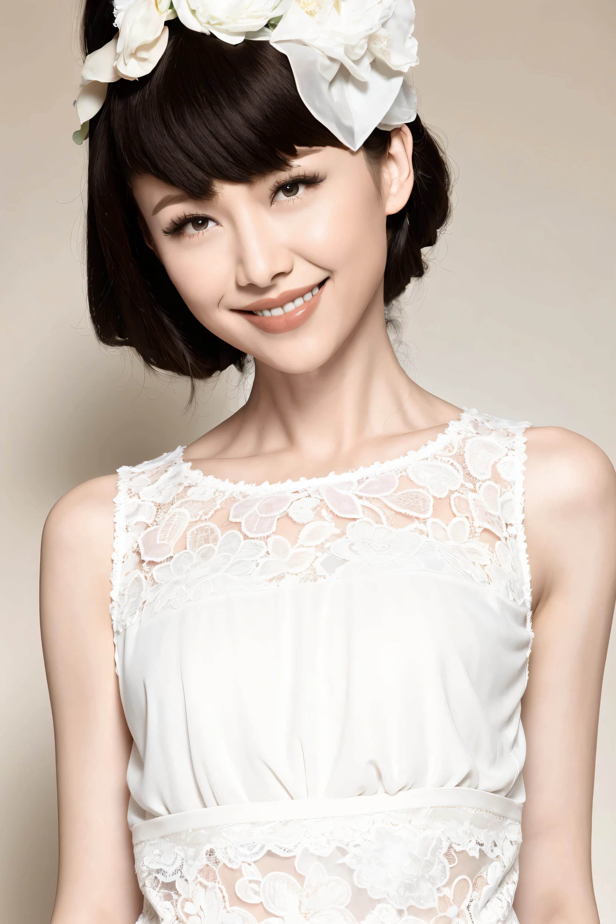 fashion model 20 years old [[[[close up]]]], [[[[neck]]]], [[[[Shoulder]]]], perfect eyes, perfect iris，perfect lips，perfect teeth，Perfect skin，White skin，Soft headlight，High Density Imaging Review，long black hair，（Face is clear and delicate），((white lace underwear))，((Sexy))，(((charming smile)))，((Half body photo))，((The background is the bedroom))，((Deluxe king bed))，best quality，masterpiece，（pastel colors：1.2）