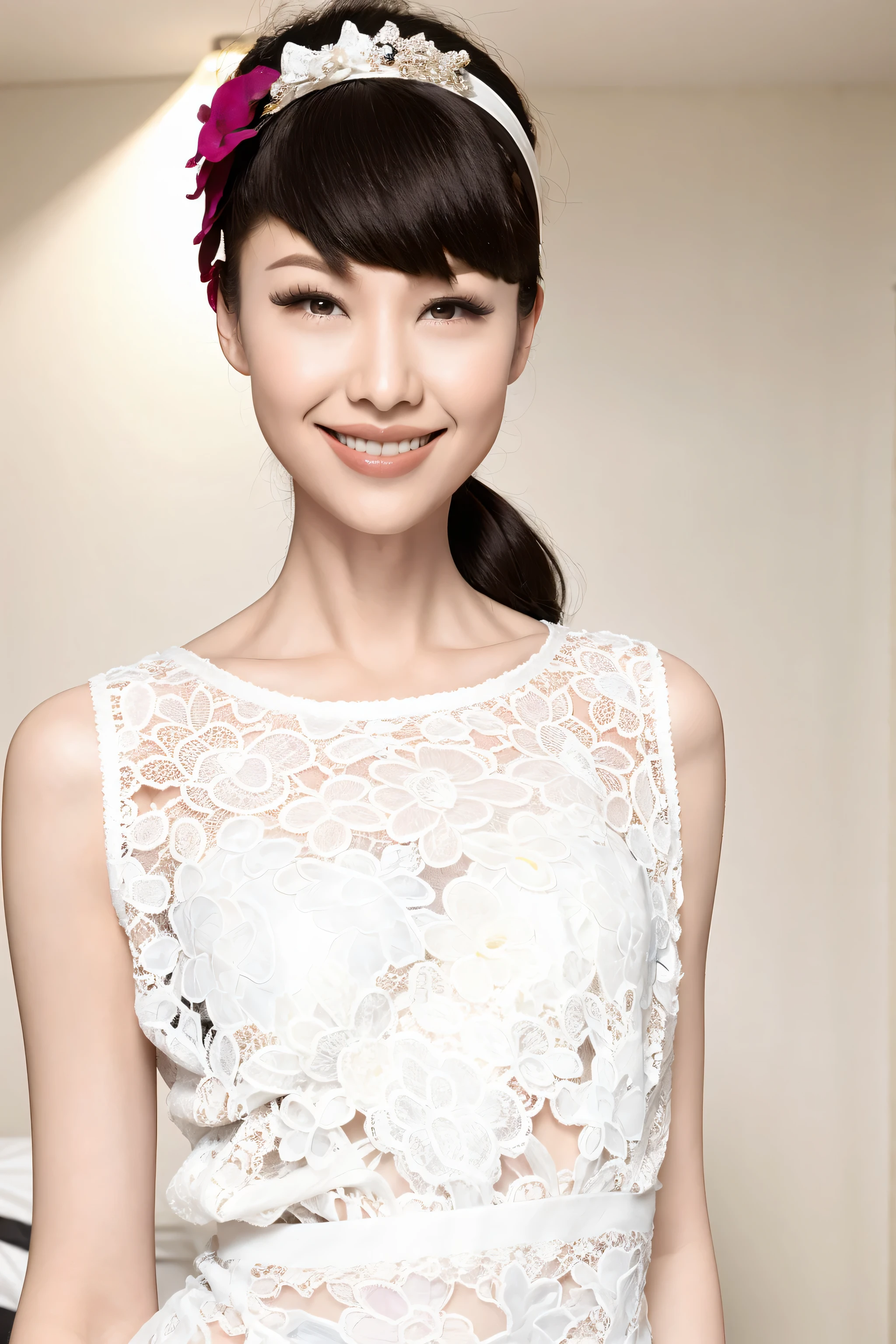 fashion model 20 years old [[[[close up]]]], [[[[neck]]]], [[[[Shoulder]]]], perfect eyes, perfect iris，perfect lips，perfect teeth，Perfect skin，White skin，Soft headlight，High Density Imaging Review，long black hair，（Face is clear and delicate），((white lace underwear))，((Sexy))，(((charming smile)))，((Half body photo))，((The background is the bedroom))，((Deluxe king bed))，best quality，masterpiece，（pastel colors：1.2）