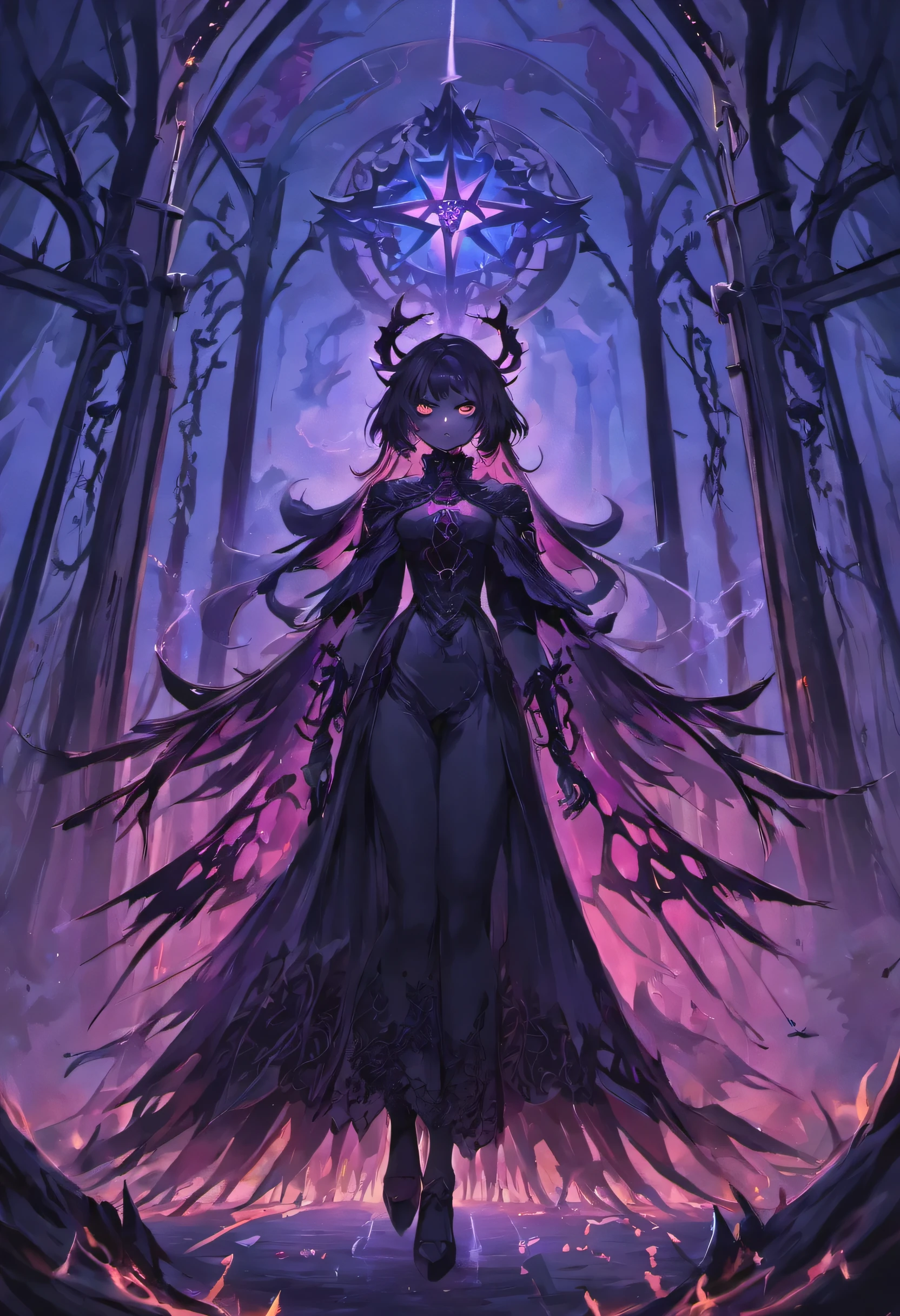 (best quality,4k,8k,highres,masterpiece:1.2),ultra-detailed,(realistic,photorealistic,photo-realistic:1.37),sinister gothic demon raven,menacing atmosphere,ominous shadowsraven,dramatic lighting,hauntingly beautiful,flickering candlelight,smoke and mist,fiery red and deep purple hues,dark and eerie landscape,macabre figures,elaborate gothic architecture,skull motifs,ethereal beings,demonic raven creatures,dance of darkness,surreal visual spectacle,black leather and lace,glowing pentagrams,spiked accessories,gloomy forest backdrop,twisted trees and branches,spectral entities,moonlit sky,strobe lights,pulsating music,unearthly energy,vivid neon colors,transcendent experience