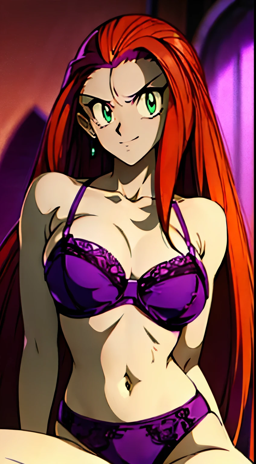 ((masterpiece)), ((best quality)), ultra detailed, detailed background, orange hair, Long Hair , green eyes, thin eyes, extreme large breast, long hair,, highest details, sexy, focus, Alluring, long legs, ((breasts shot)), (((wearing tiny Purple lingerie))), hentai style, sensual smile, erotic, erotic body, sexually suggestive, hentai body, sensual pose, naughty face, aroused body, bedroom background