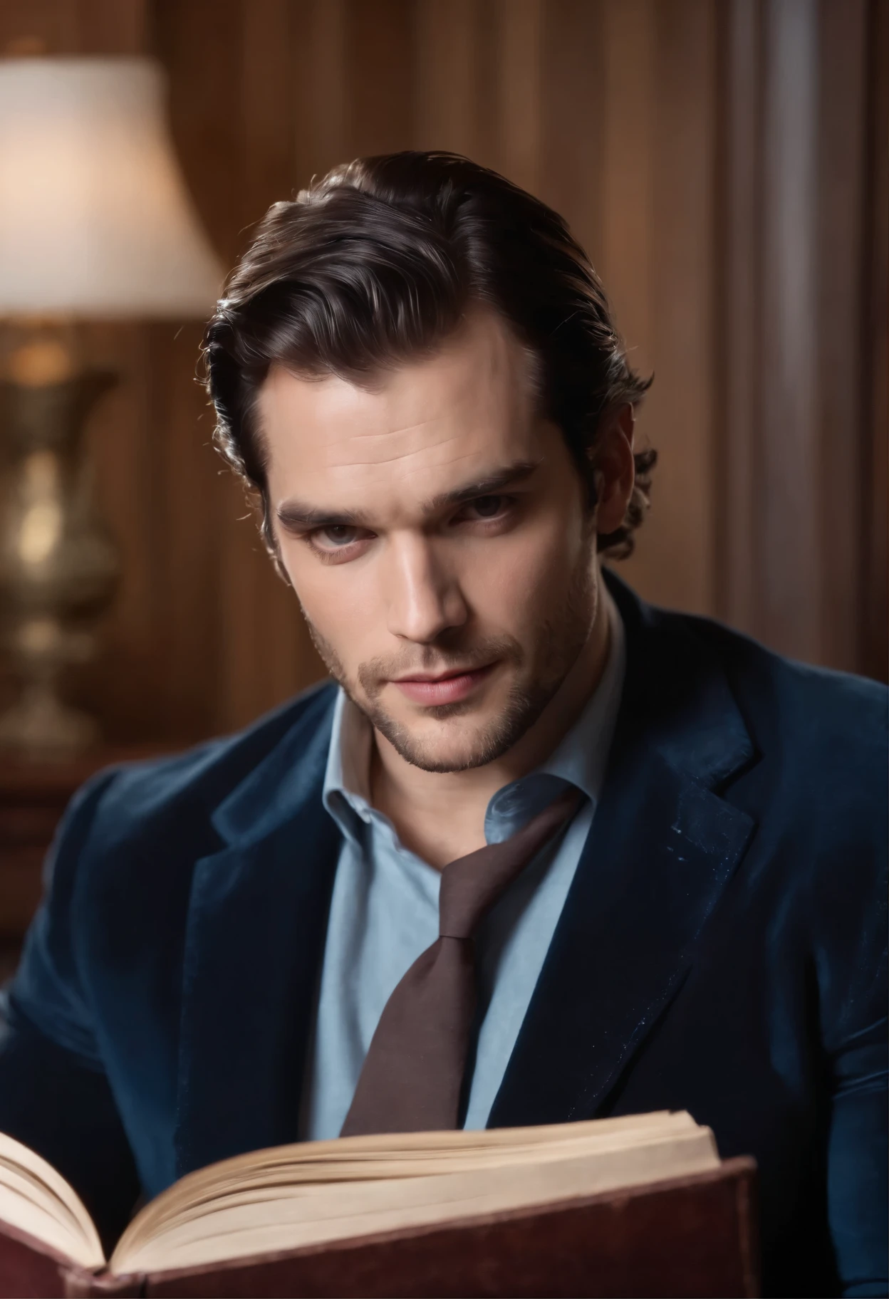 (best quality,highres:1.2),detailed,well-lit,portrait,realistic,medium shot,oil painting,classic,rich colors,leather texture,gentle sunlight,soft shadows,handsome Henry Cavill sitting in a velvet armchair,reading a book with great concentration,well-groomed beard,deep blue eyes,spread pages of a vintage novel,royal purple background,antique wooden bookshelf filled with leather-bound books,varnished floor,cozy atmosphere