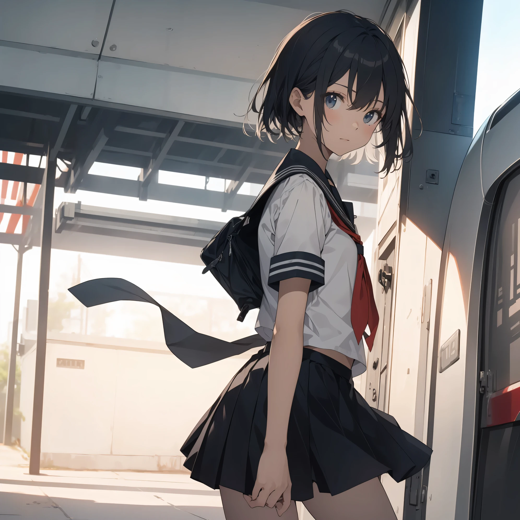 Ultra-highest quality by the art god, super detailed, High resolution, anime moe art style, Best Anime 8K Kona-chan Wallpaper, pixiv contest winner, perfect anatomy, break,(眠そうにalone学校へ行く女の子を描いてください. )break, 1 girl,(alone,little woman,13 years old:1.3),All limbs, full finger,, immature charm, (very short hair), bangs, flat chest, Because I'm slender, thin body, small ass, between legs, upward facing eyes, small eyes, black eye, detailed and beautiful eyes, Well-proportioned iris and pupils, expressive eyes, lips with beautiful details, High resolutionの詳細な髪, skirt, pleated skirt, neckerchief, sailor collar, school uniform, serahuku, shirt, school bag.(detailed lighting), (detailed background), On the way to school. break,super dense skin, Best lighting by famous artists, 8k, figure,Hmm, rough skin