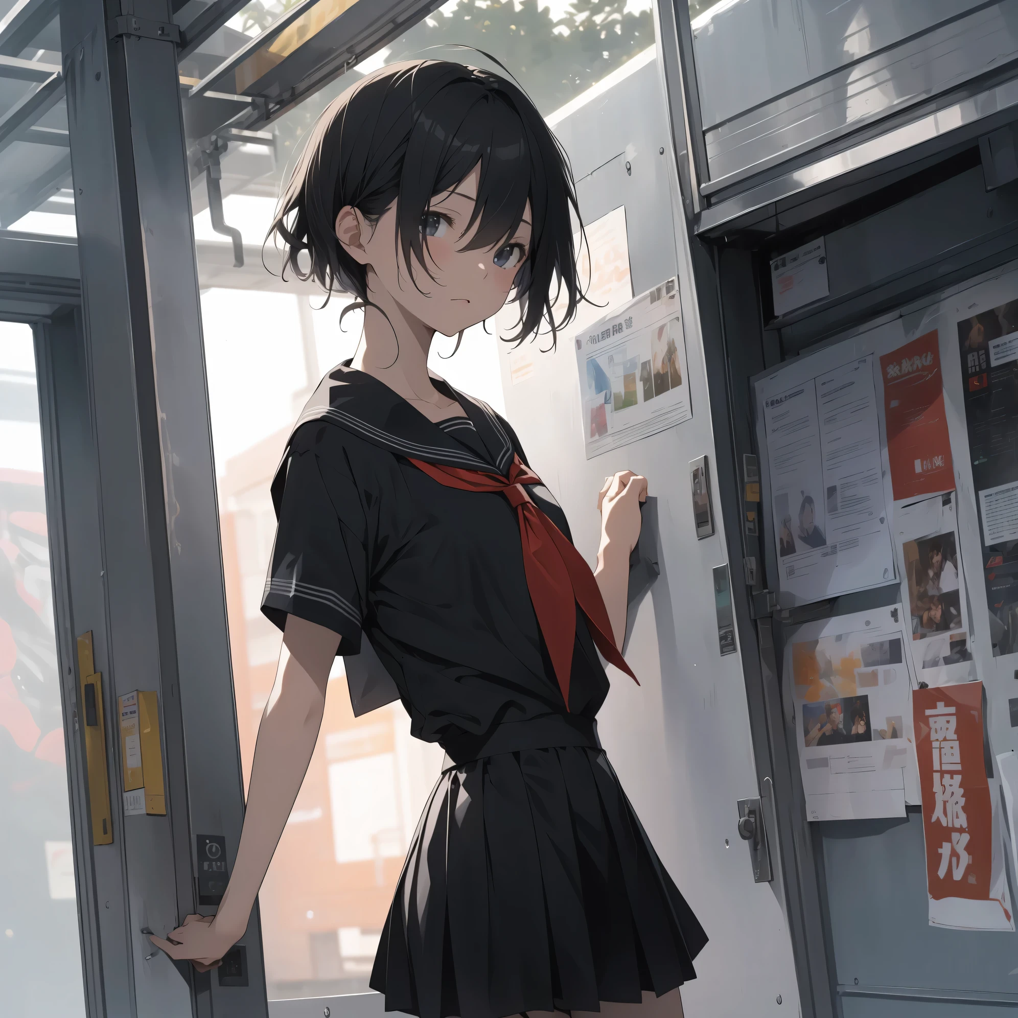 Ultra-highest quality by the art god, super detailed, High resolution, anime moe art style, Best Anime 8K Kona-chan Wallpaper, pixiv contest winner, perfect ???????, break,(眠そうにalone学校へ行く女の子を描いてください. )break, 1 girl,(alone,little woman,13 years old:1.3),All limbs, full finger,, immature charm, (very short hair), bangs, flat chest, Because I'm slender, thin body, small ass, between legs, upward facing eyes, small eyes, black eye, detailed and beautiful eyes, Well-proportioned iris and pupils, expressive eyes, lips with beautiful details, High resolutionの詳細な髪, skirt, pleated skirt, neckerchief, sailor collar, school uniform, serahuku, shirt, school bag.(detailed lighting), (detailed background), On the way to school. break,super dense skin, Best lighting by famous artists, 8k, figure,Hmm, rough skin