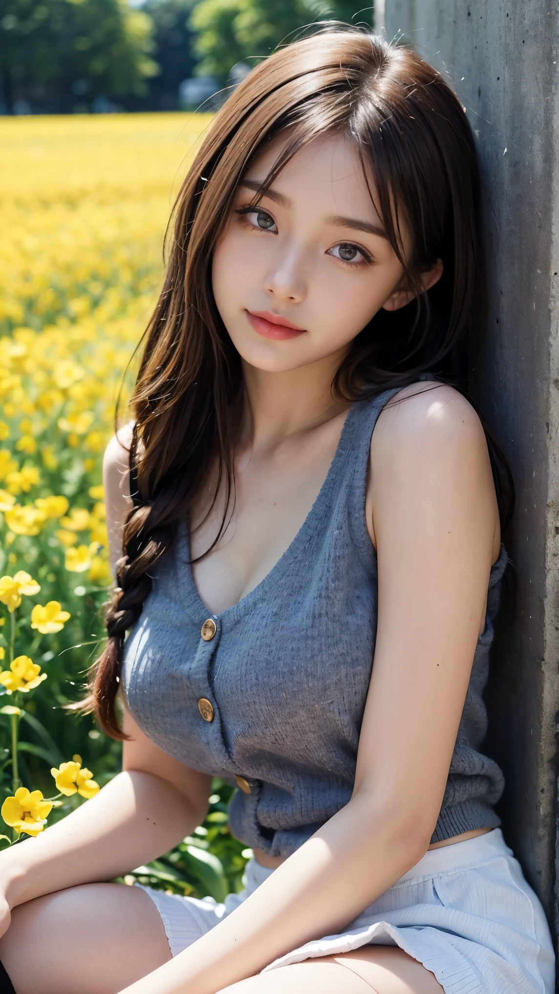 Masterpiece, Best Quality, Very Detailed, 8k, Photorealistic, soft focus, beautiful detailed eyes, detailed face, double eyelid, 1girl, solo, beautiful skin, real human skin, close-up to Face shot, Full-body, beautiful firm breasts, mature body, 18 years old girl, beautiful girl, Japanese idol, (french braid 1.3), brown hair, layered style, BREAK, (baggy tank top:1.3), BREAK, (Tweed jumper skirt with side buttons and a slit on the side:1.3), BREAK, (mesh knee high socks tights), Gentle smile, NSFW, Surrounded by rape blossoms in a rape field, lie down, Only the upper body is exposed from the rape field