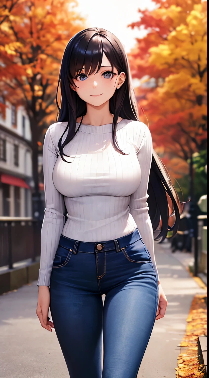 ((masutepiece, Best Quality)), ((hight resolution)), (photos realistic), Best Shadow, high detailing, Very detailed, (nice hand, Perfect hands), (Face Focus:1.2), ((1girl)), Beautiful Girl, 18 years old, blue eyes, (black long Hair:1.5), (big breasts:1.3), (Smile:1.3), Glossy white skin, (view from front:1.3), (Very slender:1.3), (Cute face:1.3), (look at viewer:1.4), detailed facial features,droopy eyes, Crisp focus, perfect beautiful body and face, Perfectly focused, (white knit sweater:1.3), (black jeans:1.4), Long bangs, (standing:1.4), (in the autumn park:1.4), sunset, windy, buildings